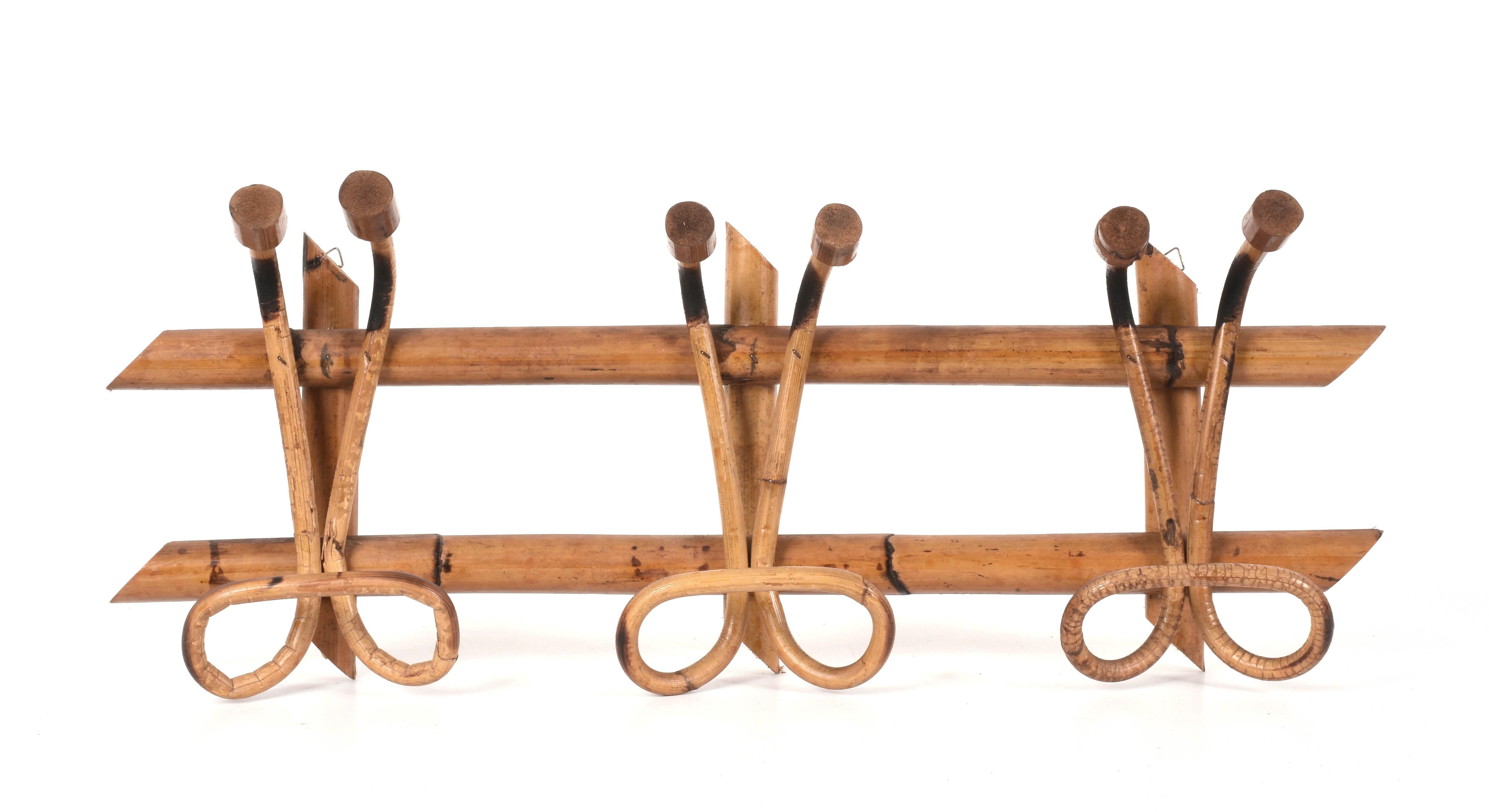 Midcentury French Riviera Rattan and Bamboo Italian Coat Rack, 1961 For Sale 7