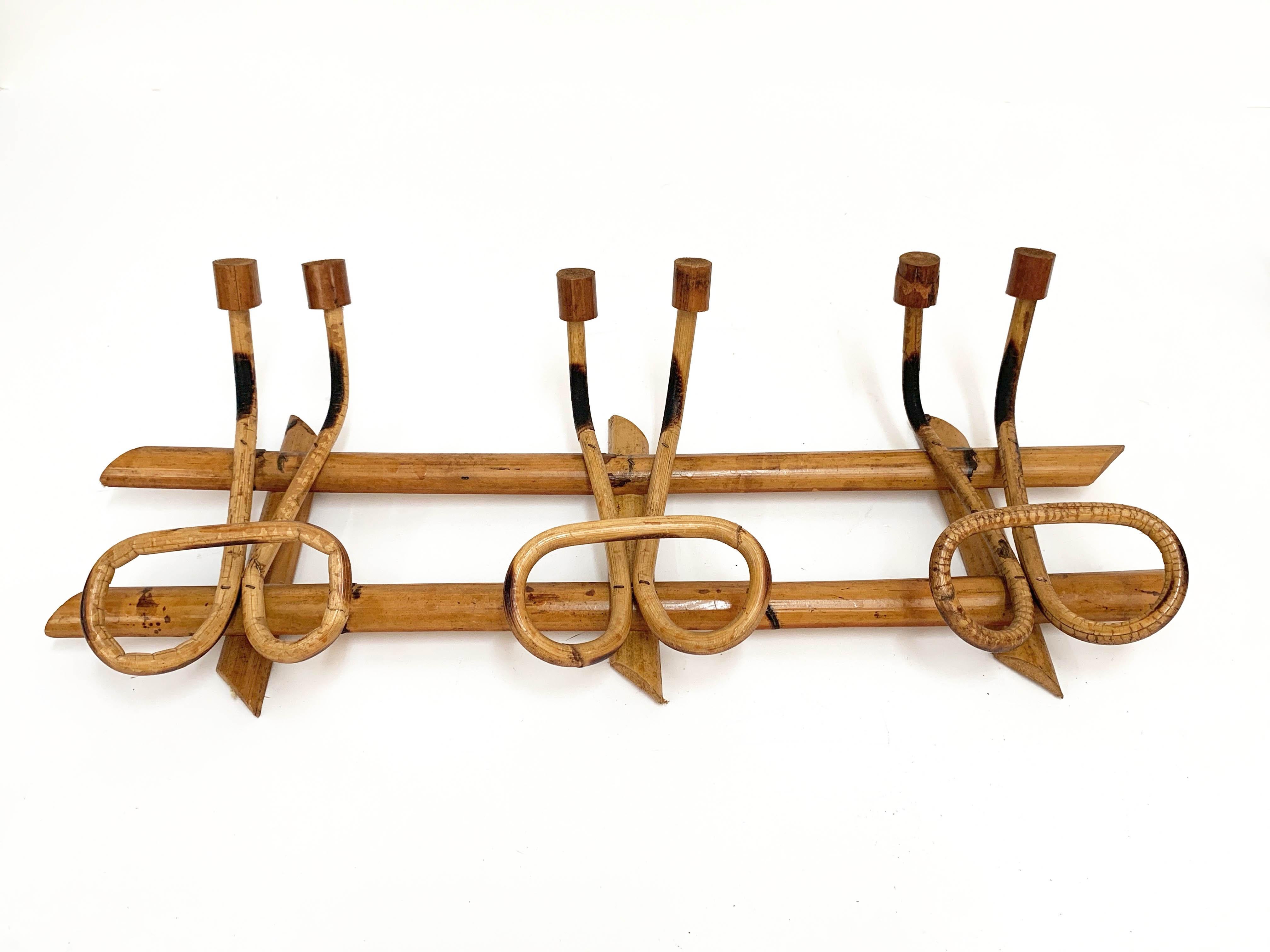 Midcentury French Riviera Rattan and Bamboo Italian Coat Rack, 1961 For Sale 12
