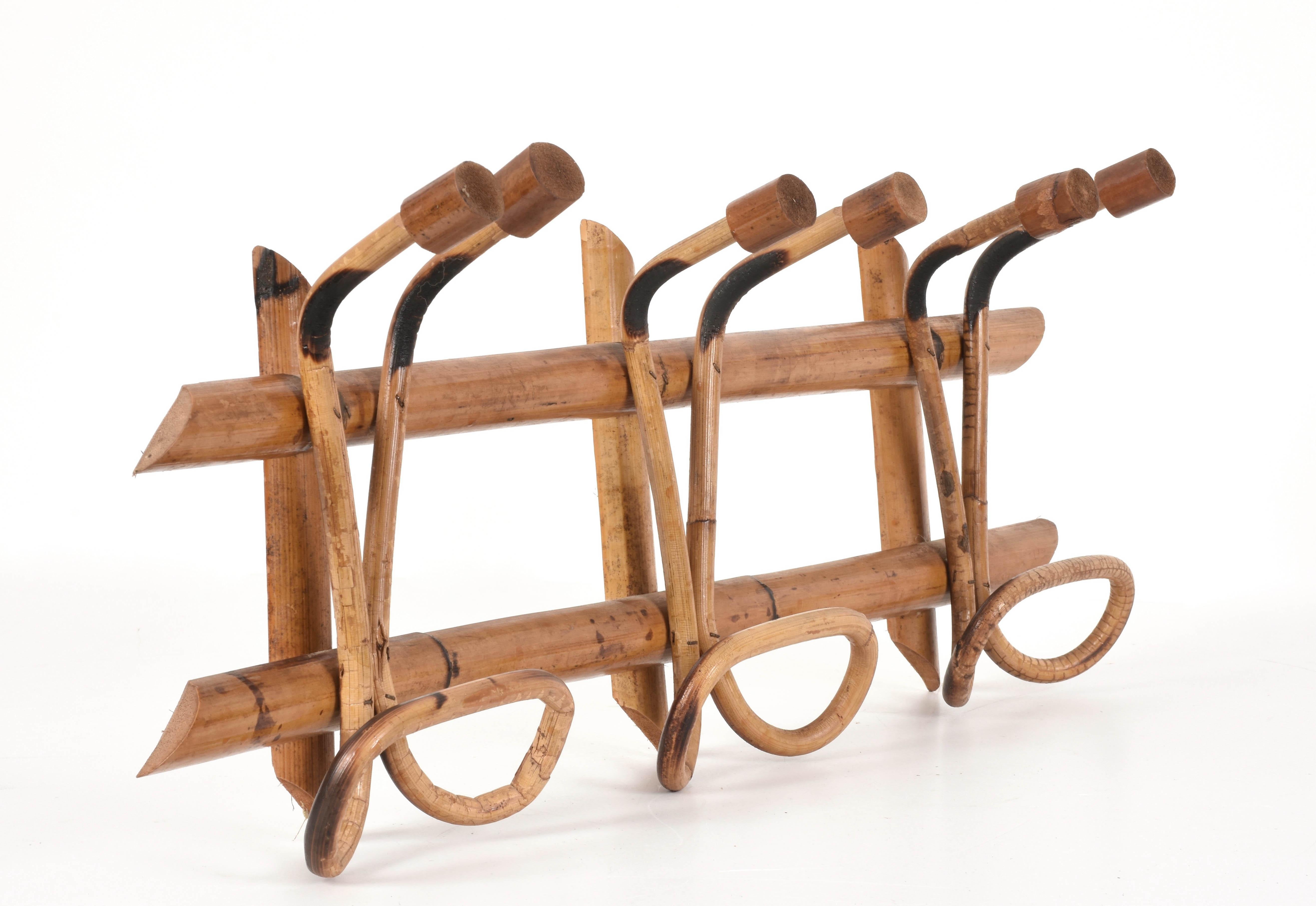 Mid-20th Century Midcentury French Riviera Rattan and Bamboo Italian Coat Rack, 1961 For Sale