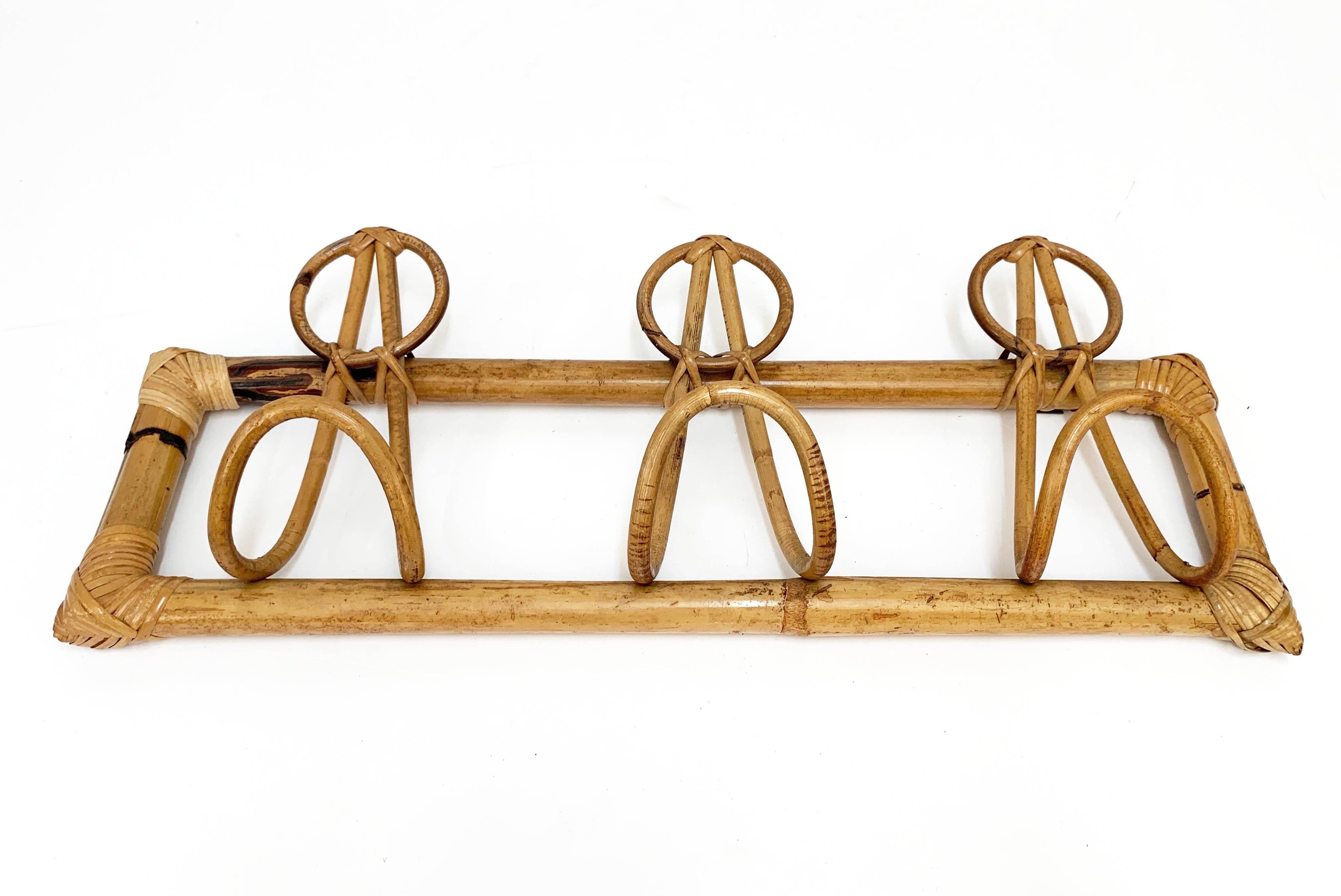 Mid-20th Century Midcentury French Riviera Rattan and Bamboo Italian Coat Rack, 1960s For Sale