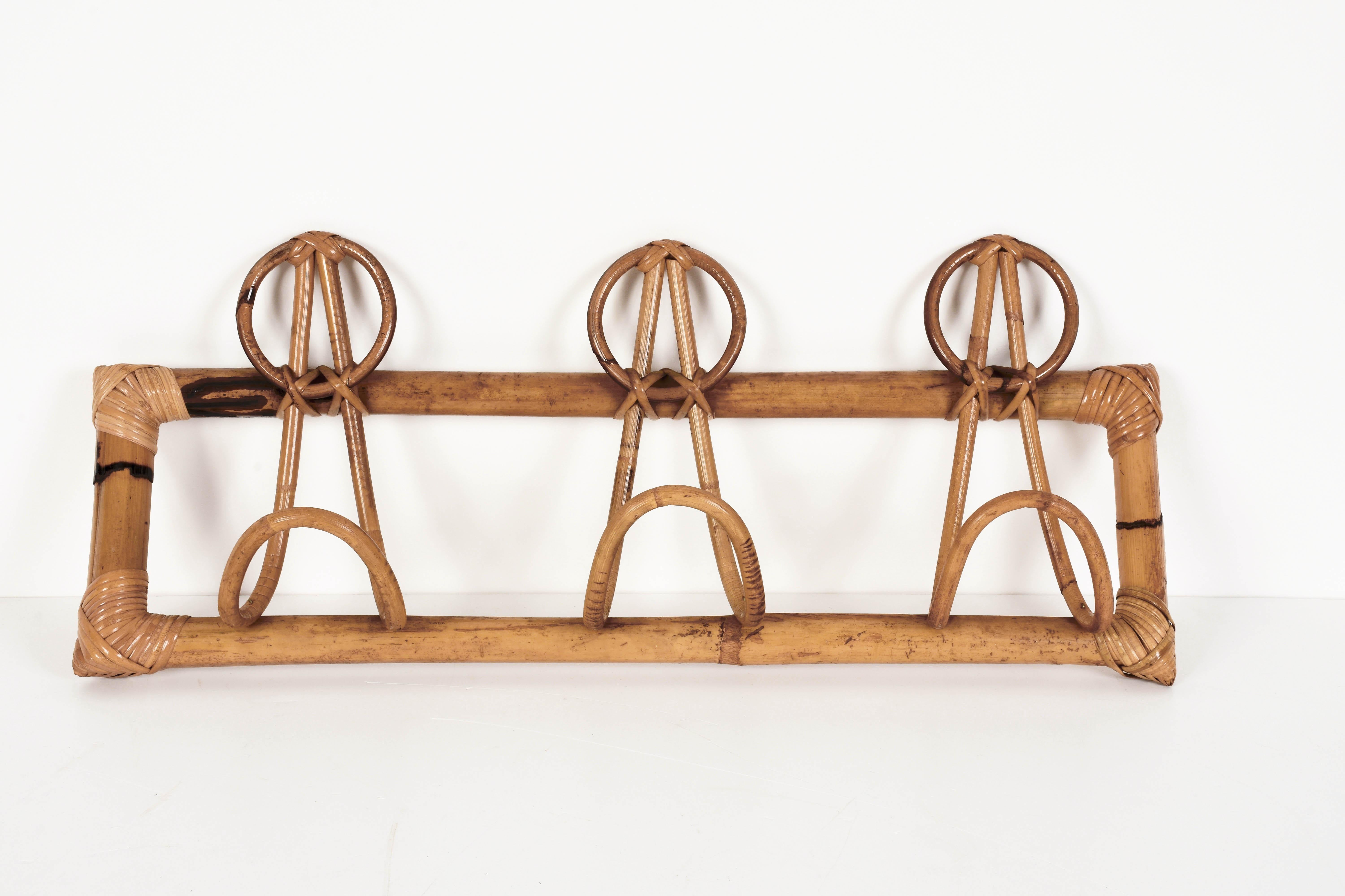 Midcentury French Riviera Rattan and Bamboo Italian Coat Rack, 1960s For Sale 3