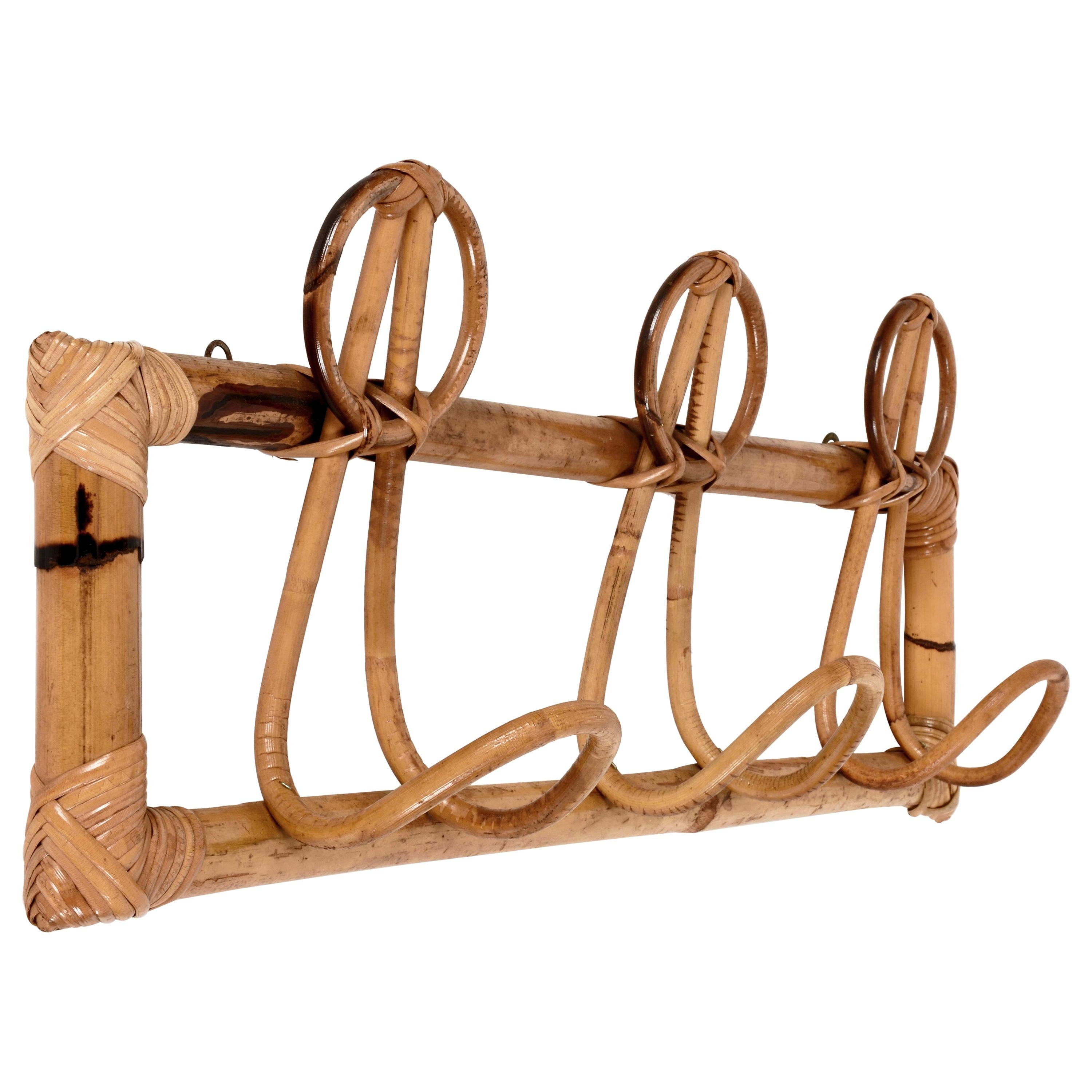 Midcentury French Riviera Rattan and Bamboo Italian Coat Rack, 1960s For Sale