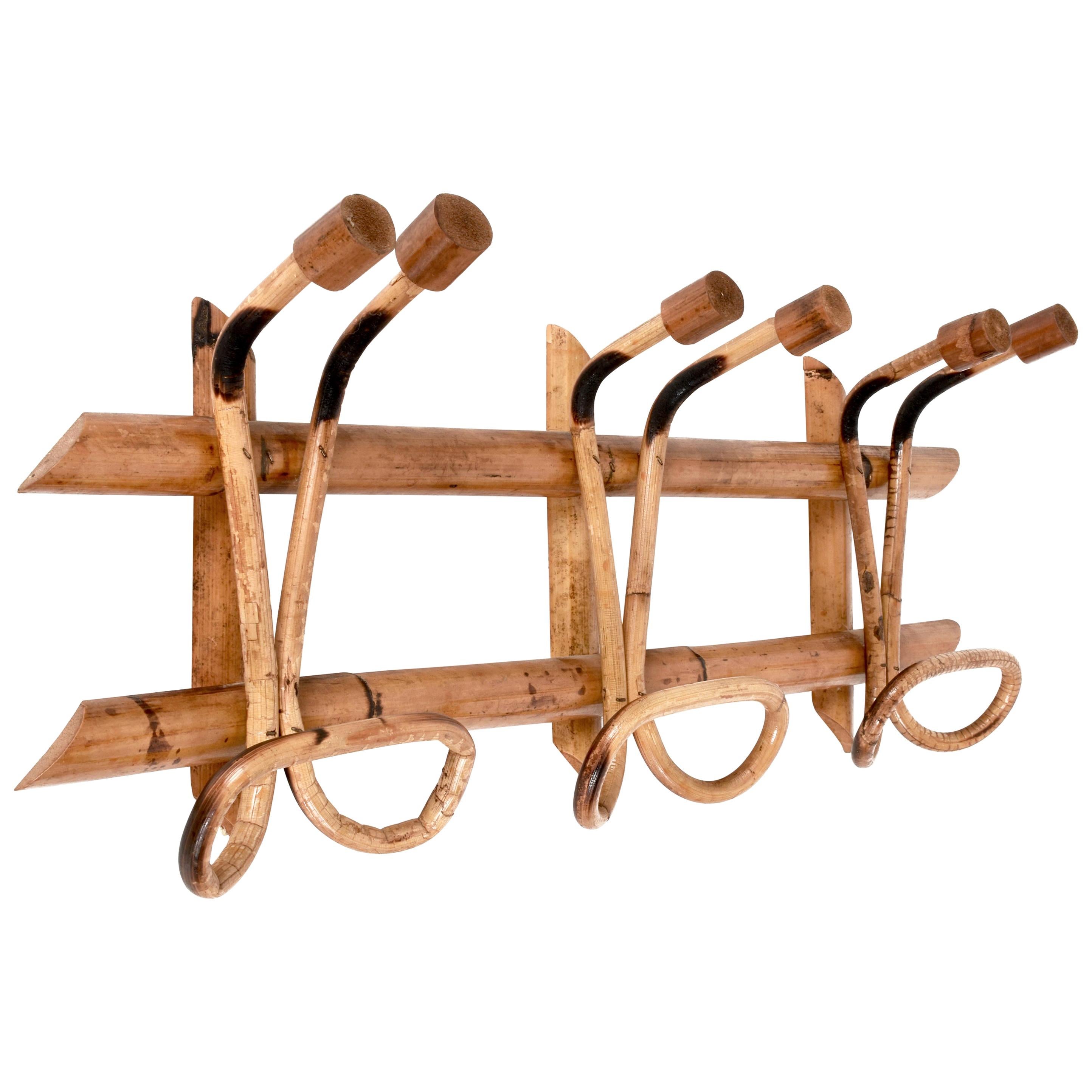 Midcentury French Riviera Rattan and Bamboo Italian Coat Rack, 1961 For Sale