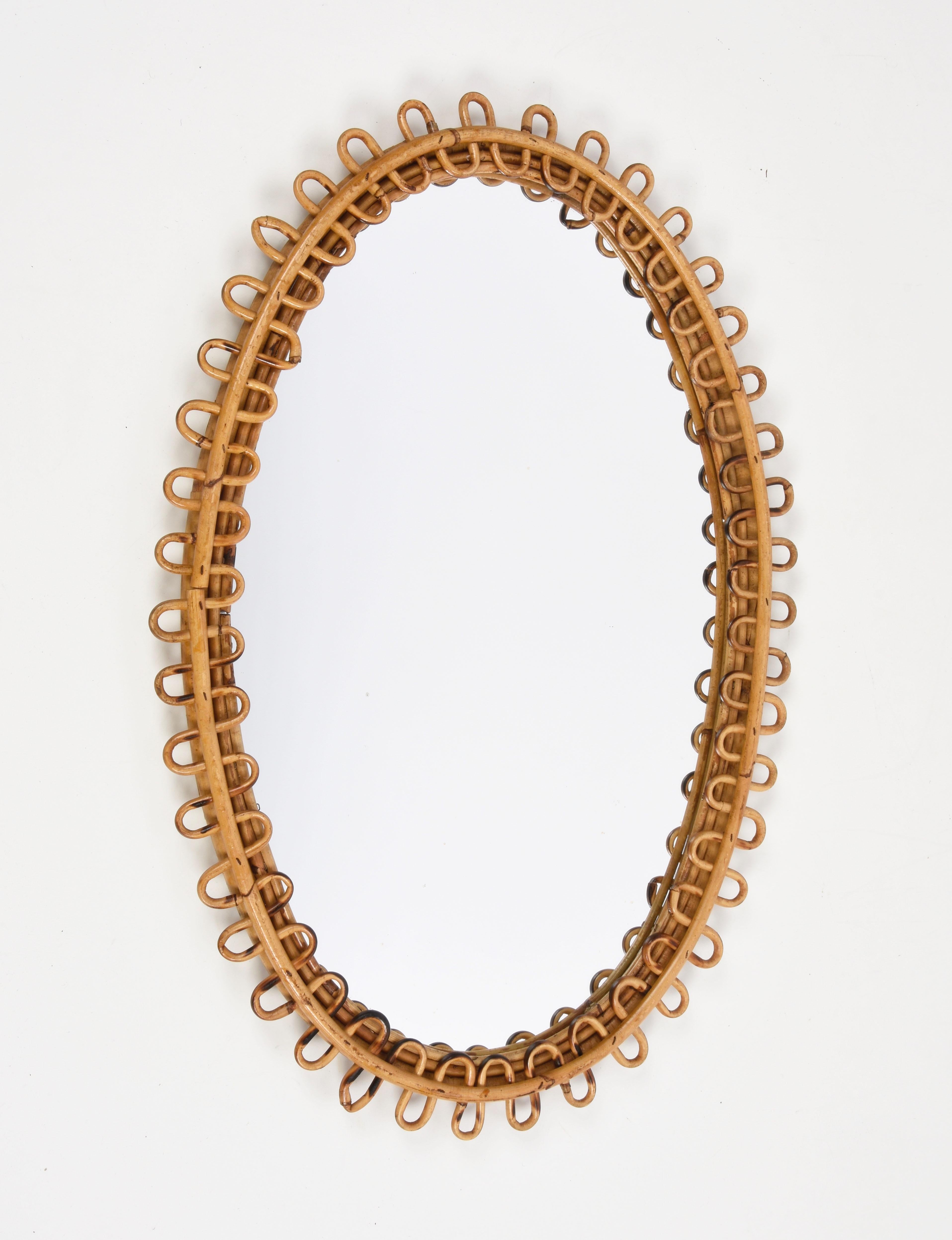 Midcentury French Riviera Rattan and Bamboo Italian Oval Mirror, 1950s 7