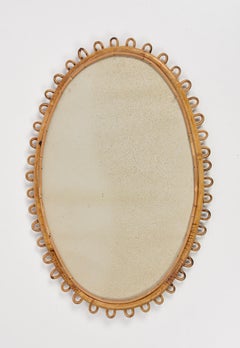 Midcentury French Riviera Rattan and Bamboo Italian Oval Mirror, 1950s