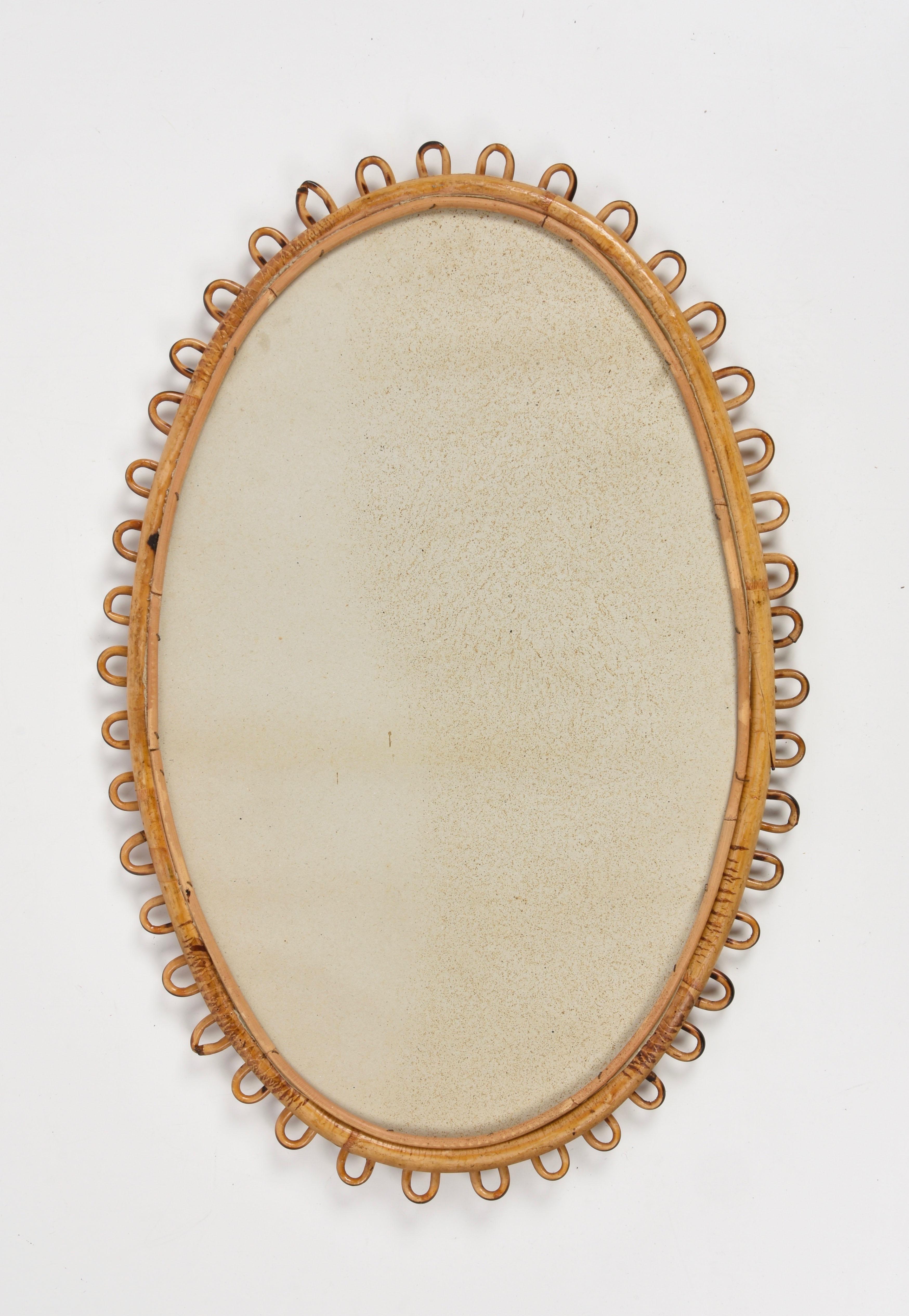 Midcentury French Riviera Rattan and Bamboo Italian Oval Mirror, 1950s In Good Condition In Roma, IT