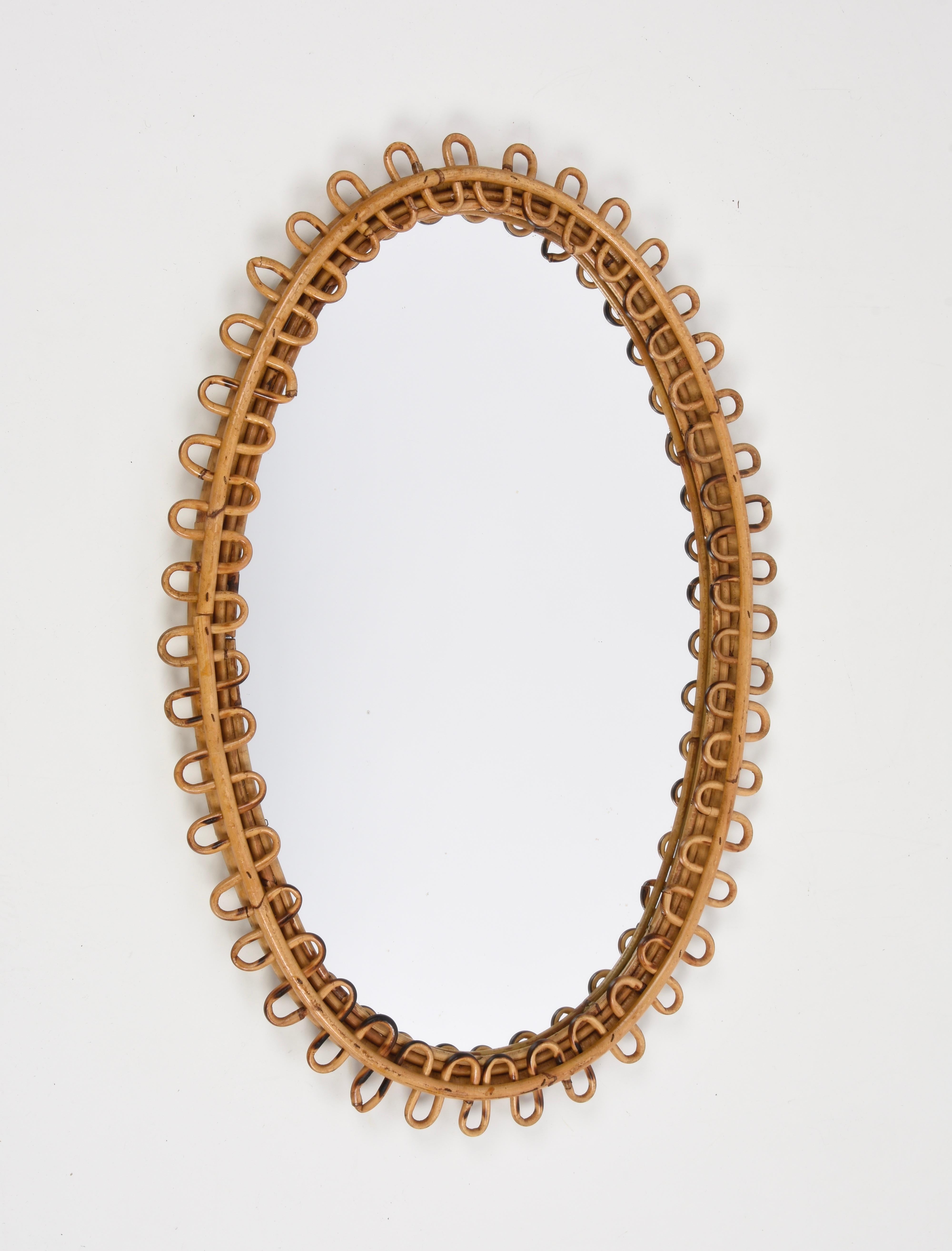 Midcentury French Riviera Rattan and Bamboo Italian Oval Mirror, 1950s 1