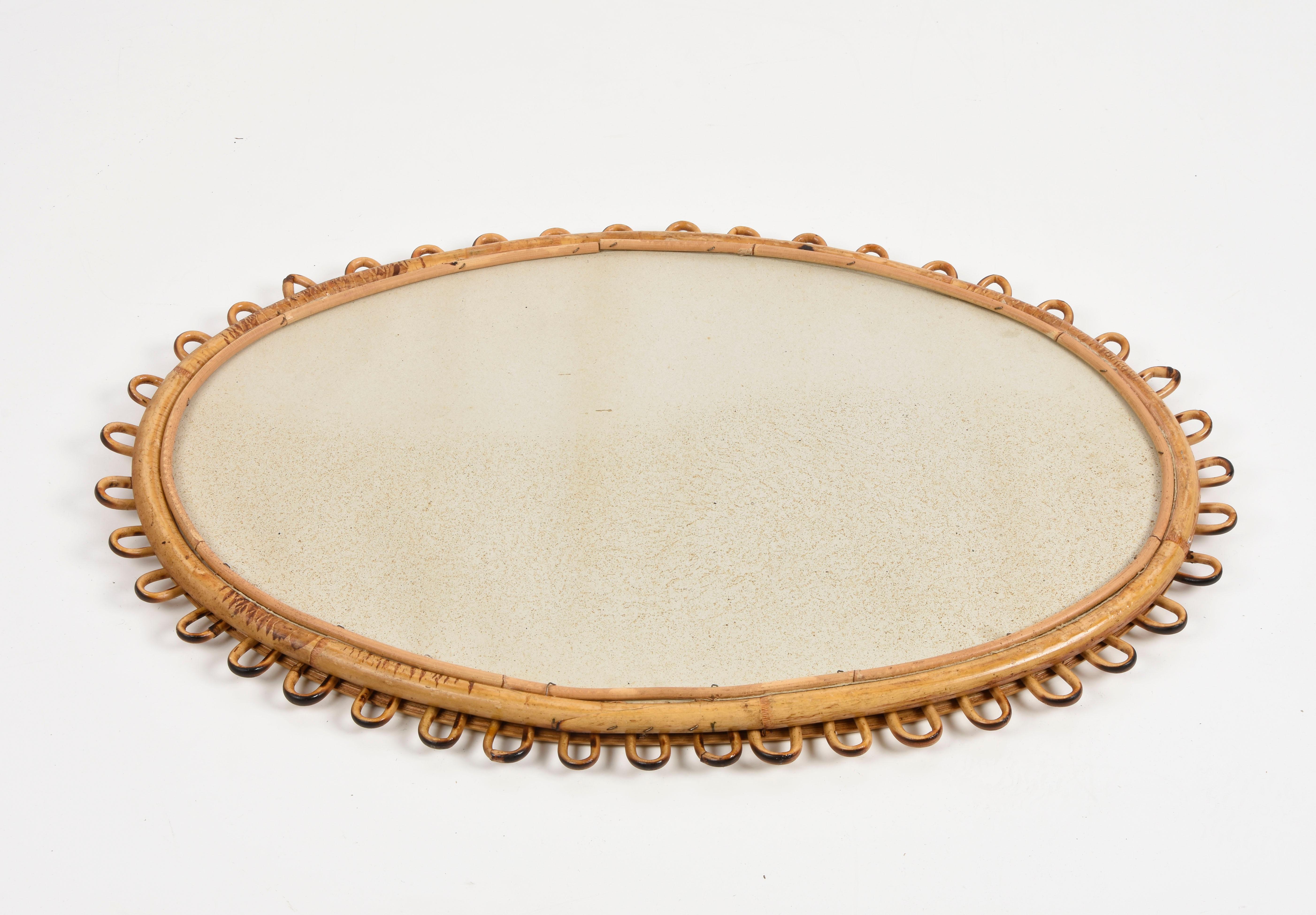 Midcentury French Riviera Rattan and Bamboo Italian Oval Mirror, 1950s 2