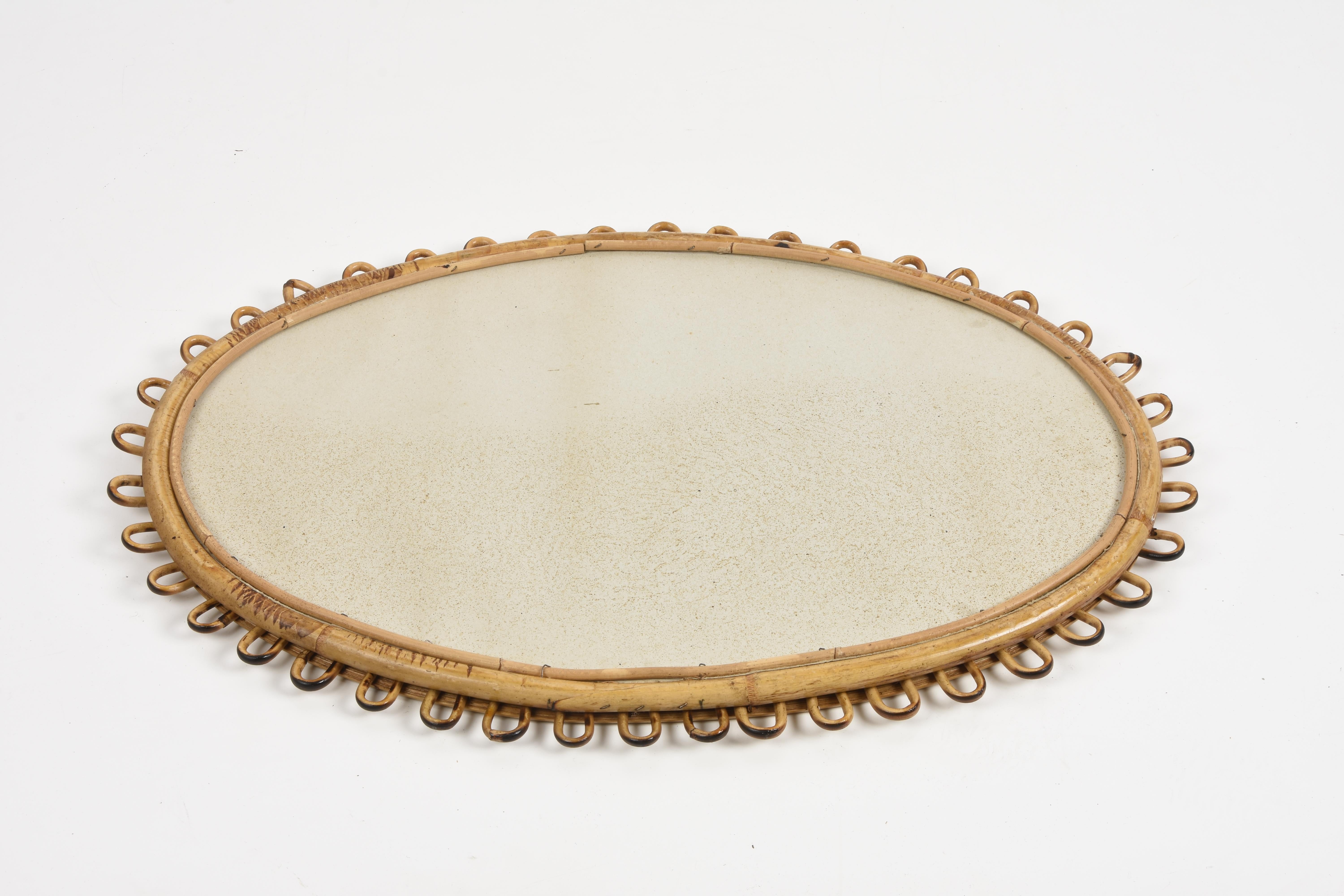 Midcentury French Riviera Rattan and Bamboo Italian Oval Mirror, 1950s 4
