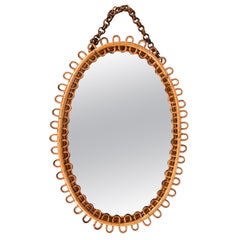 Midcentury French Riviera Rattan and Bamboo Italian Oval Mirror, 1950s