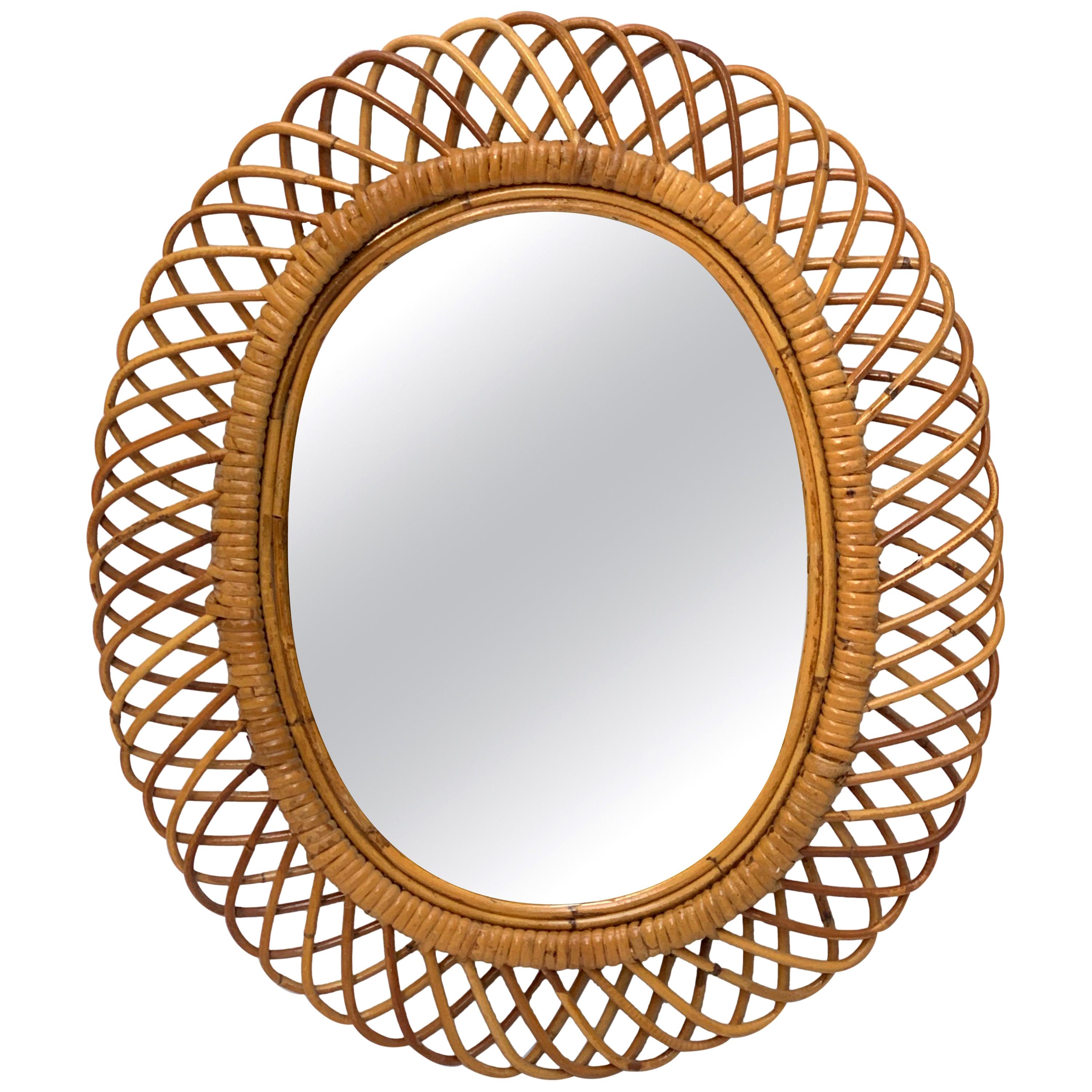 Midcentury French Riviera Rattan and Bamboo Italian Oval Mirror, 1960s