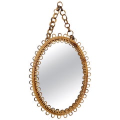 Midcentury French Riviera Rattan and Bamboo Italian Riviera Oval Mirror, 1950s