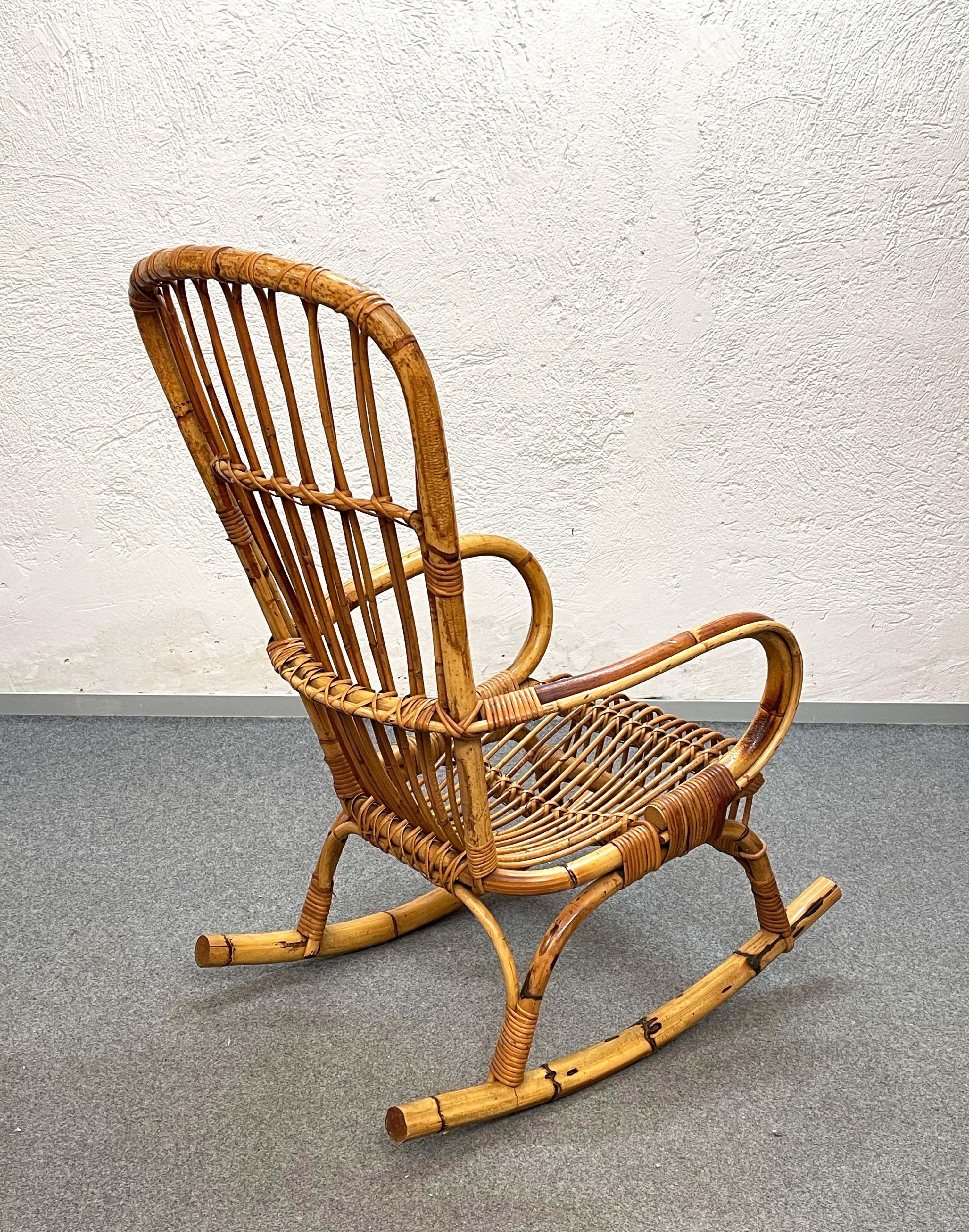 Midcentury French Riviera Rattan and Bamboo Italian Rocking Chair, 1960s For Sale 2