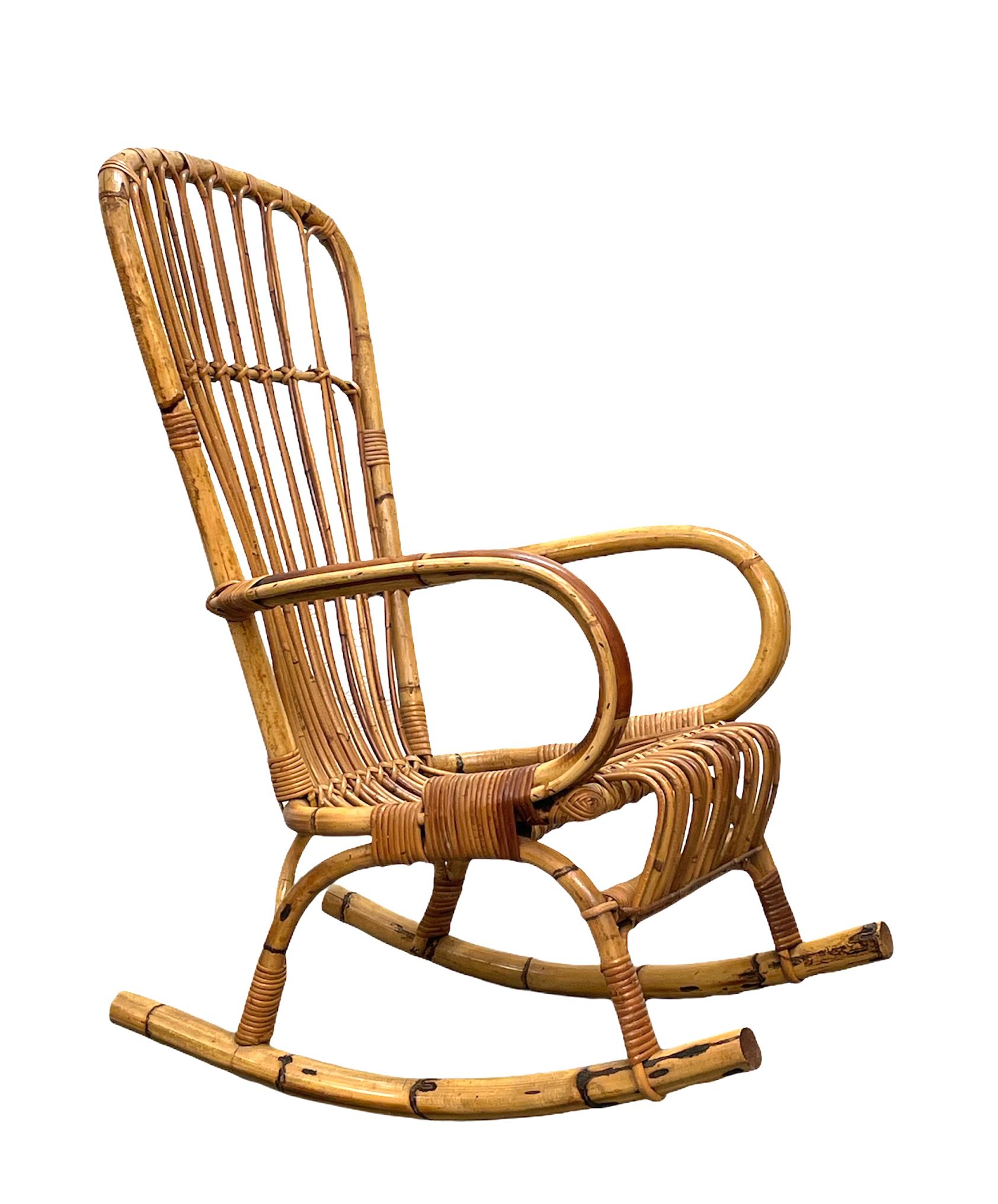 Midcentury French Riviera Rattan and Bamboo Italian Rocking Chair, 1960s For Sale 3
