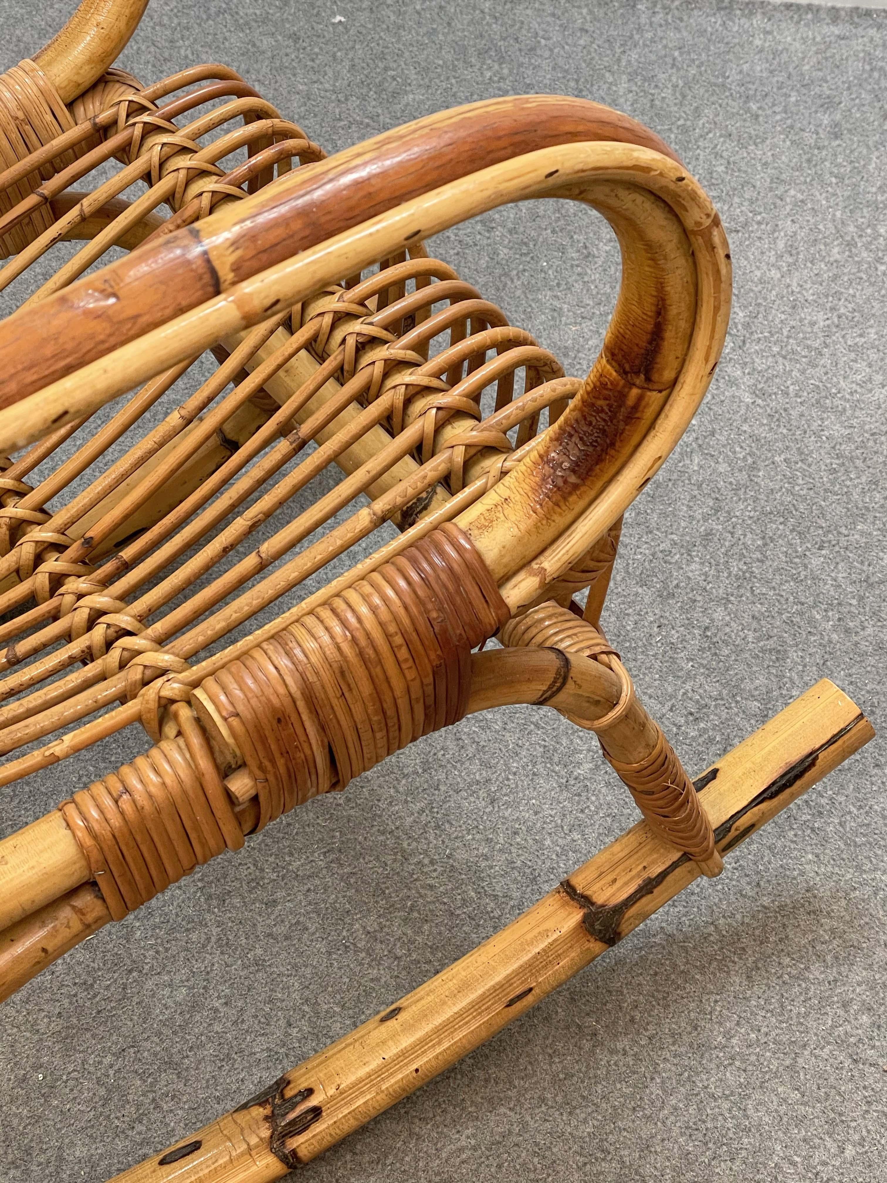Midcentury French Riviera Rattan and Bamboo Italian Rocking Chair, 1960s For Sale 5