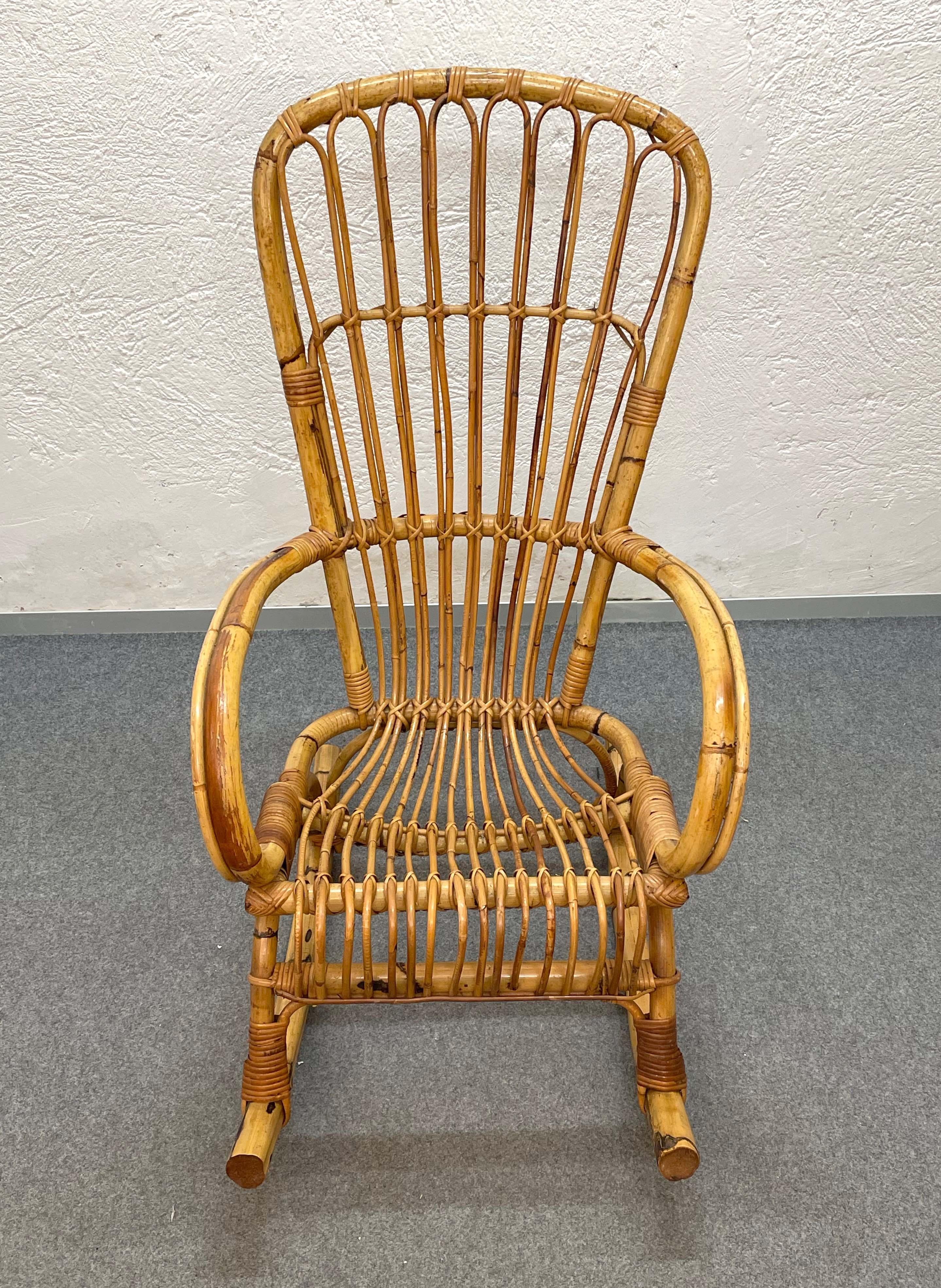 Mid-Century Modern Midcentury French Riviera Rattan and Bamboo Italian Rocking Chair, 1960s For Sale