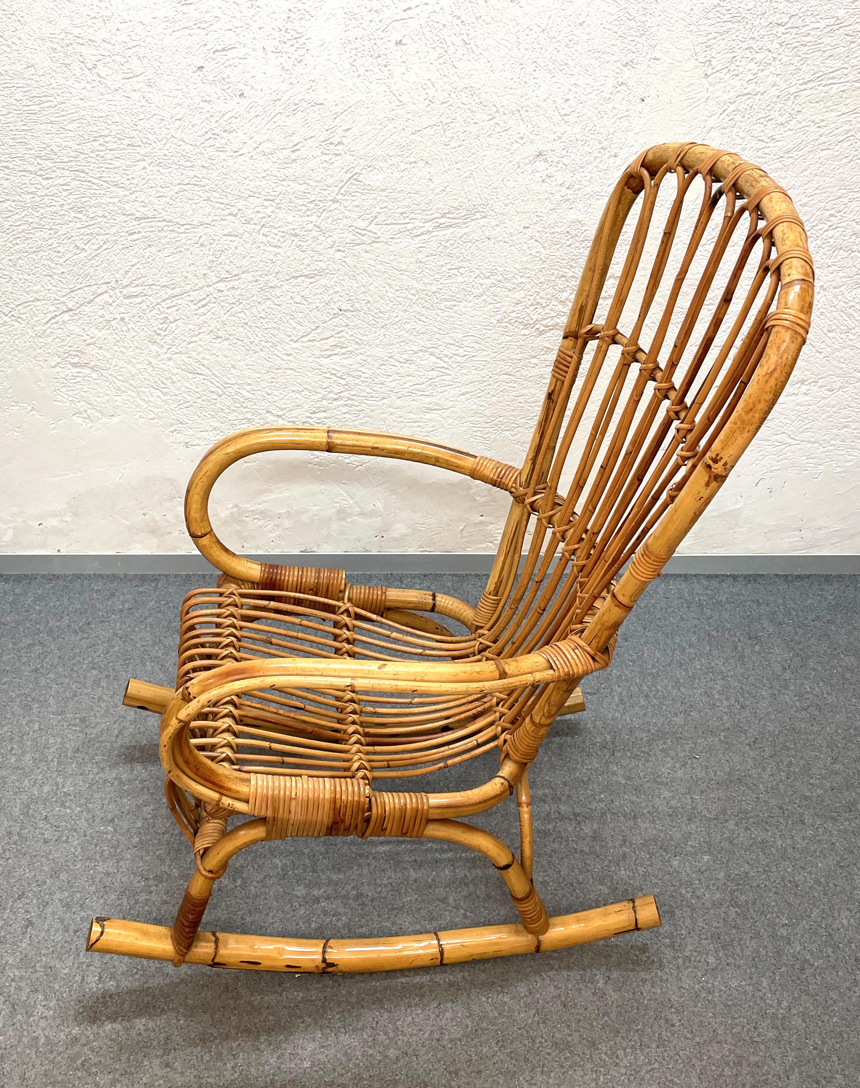 20th Century Midcentury French Riviera Rattan and Bamboo Italian Rocking Chair, 1960s For Sale