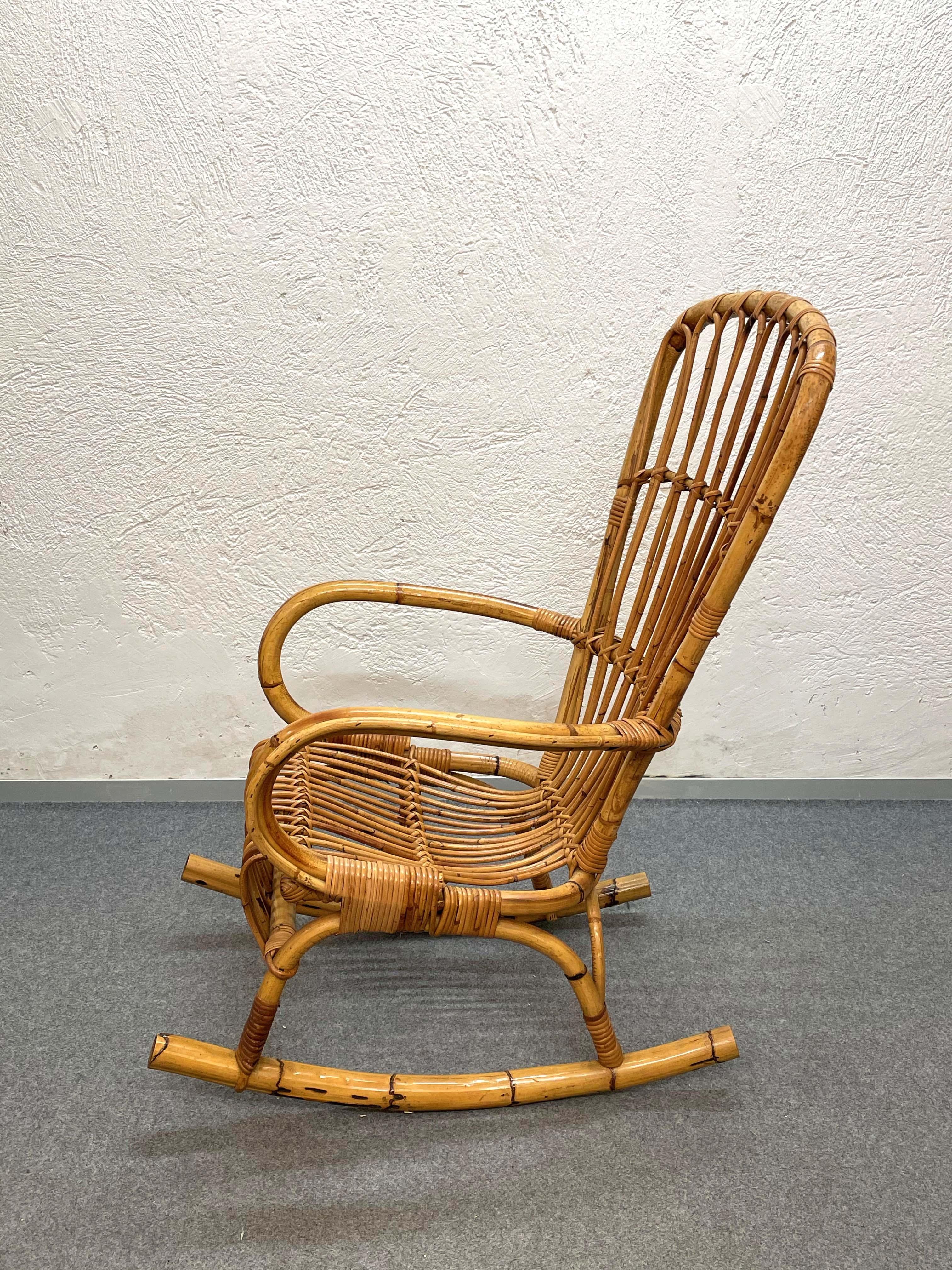 Midcentury French Riviera Rattan and Bamboo Italian Rocking Chair, 1960s For Sale 1