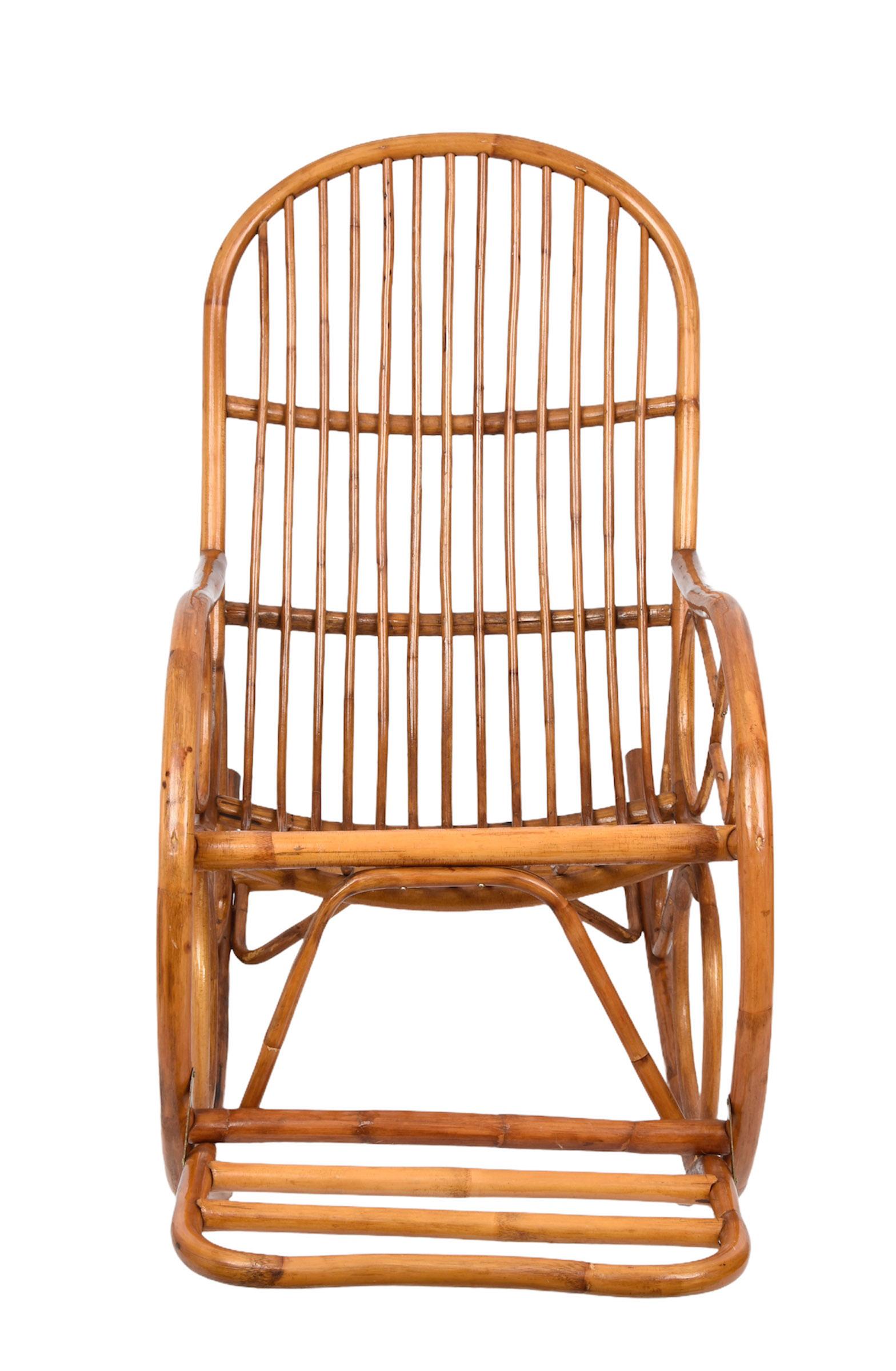 Midcentury French Riviera Rattan and Bamboo Italian Rocking Chair, 1970s For Sale 3