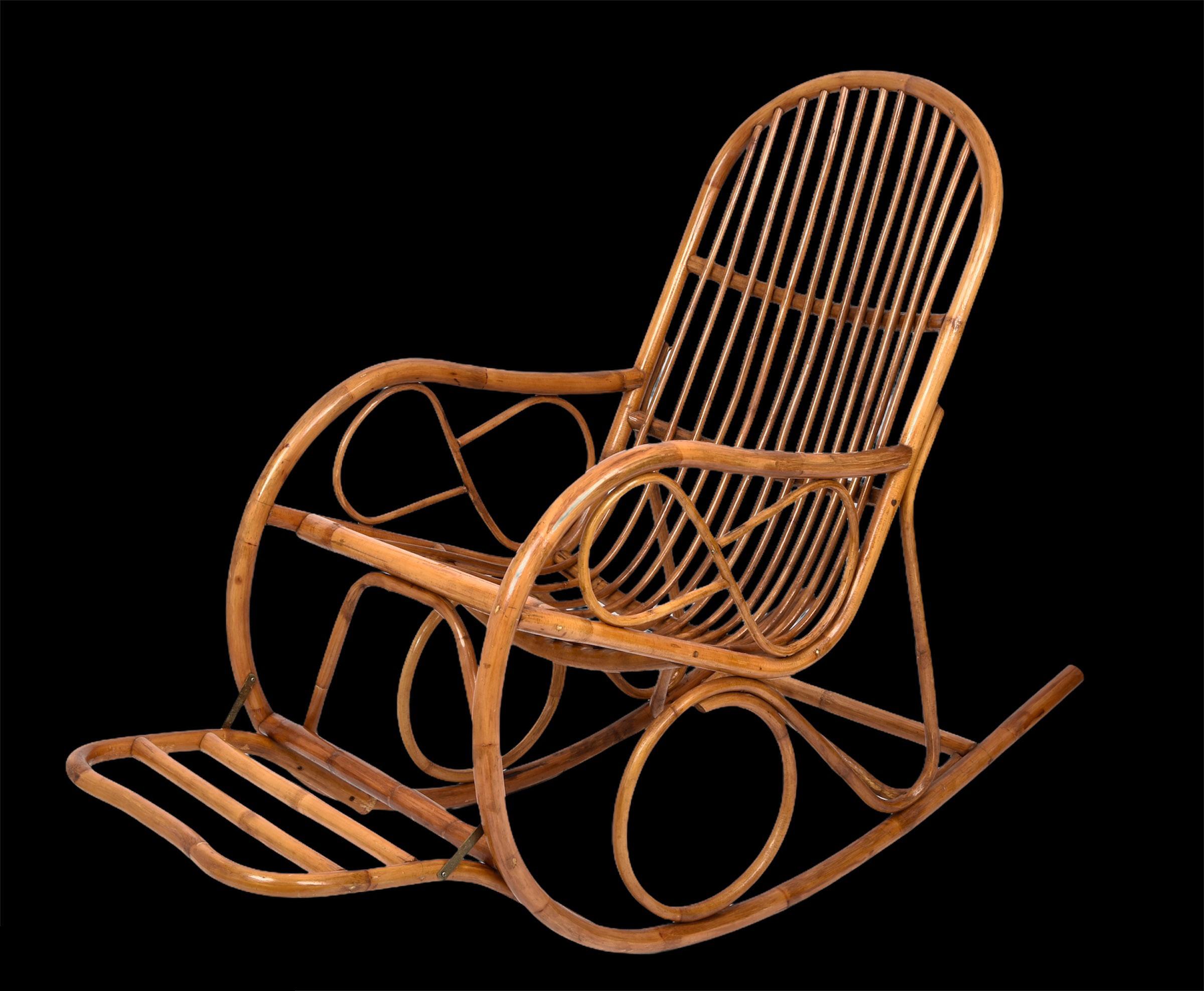 Midcentury French Riviera Rattan and Bamboo Italian Rocking Chair, 1970s For Sale 4