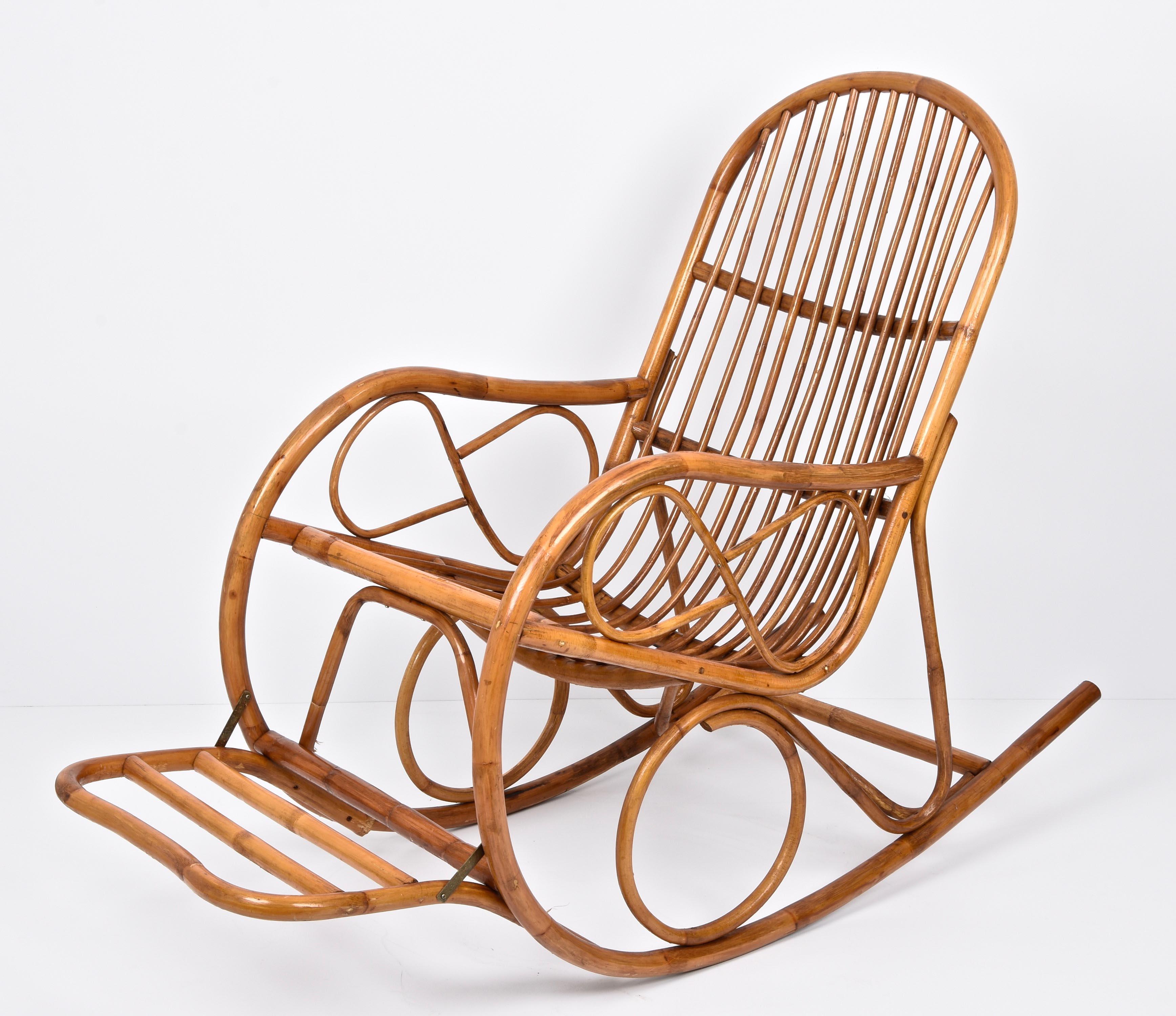 Midcentury French Riviera Rattan and Bamboo Italian Rocking Chair, 1970s For Sale 5