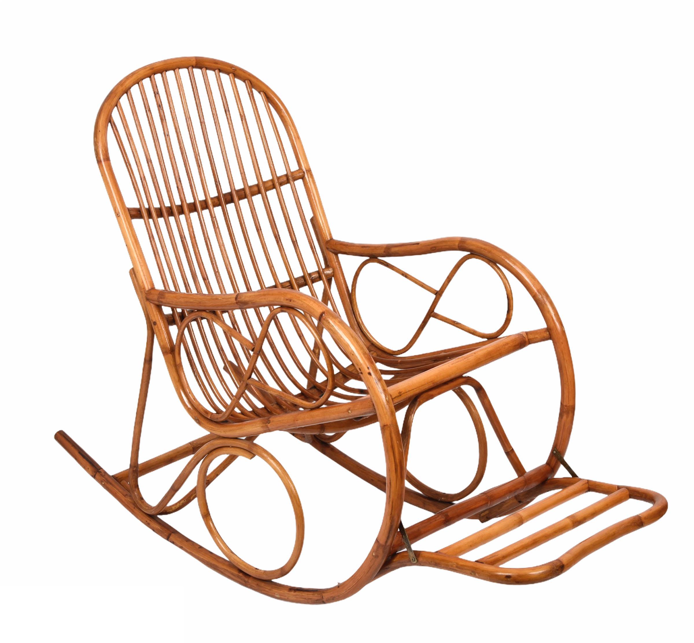 Mid-Century Modern Midcentury French Riviera Rattan and Bamboo Italian Rocking Chair, 1970s For Sale