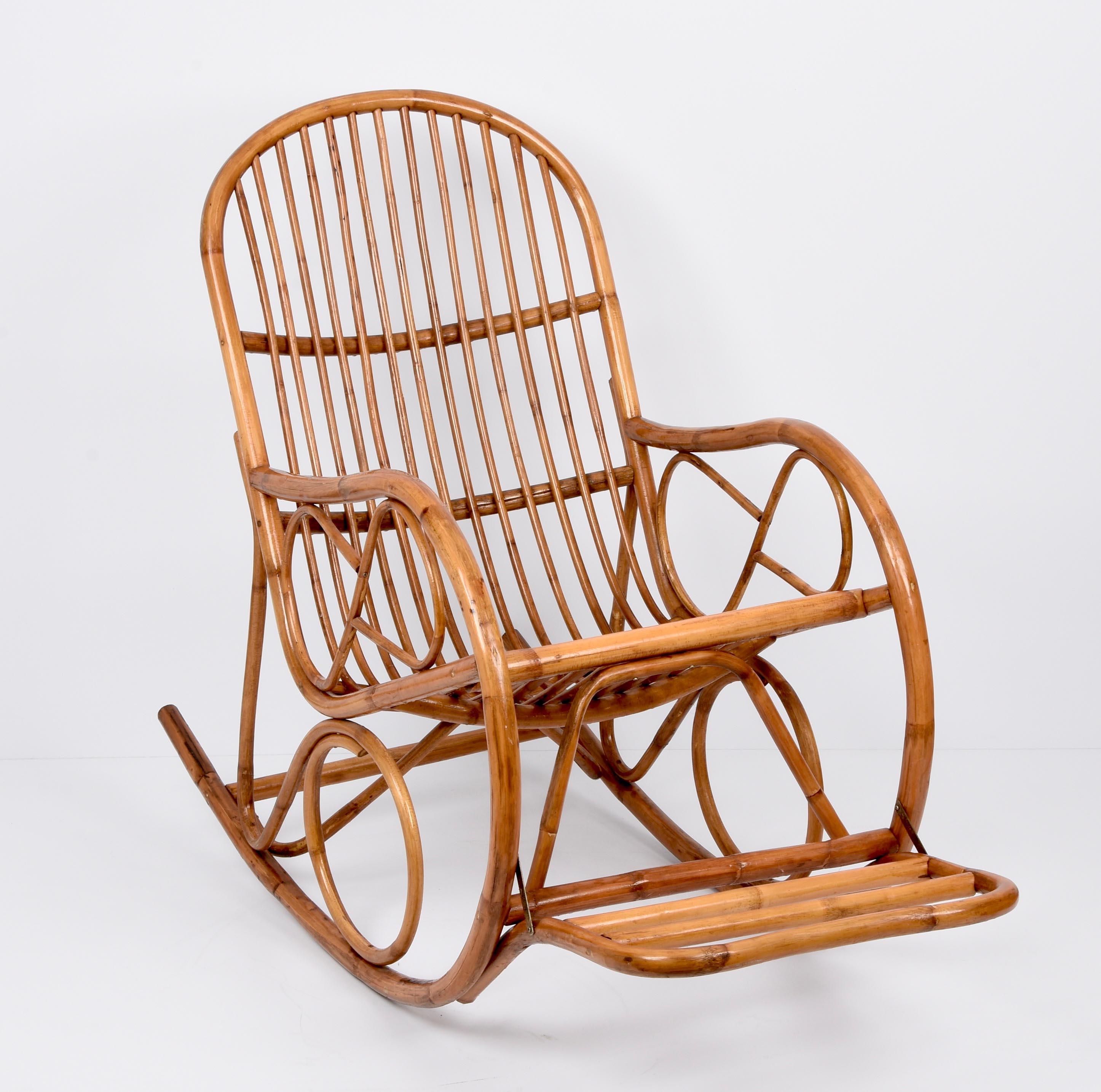 20th Century Midcentury French Riviera Rattan and Bamboo Italian Rocking Chair, 1970s For Sale