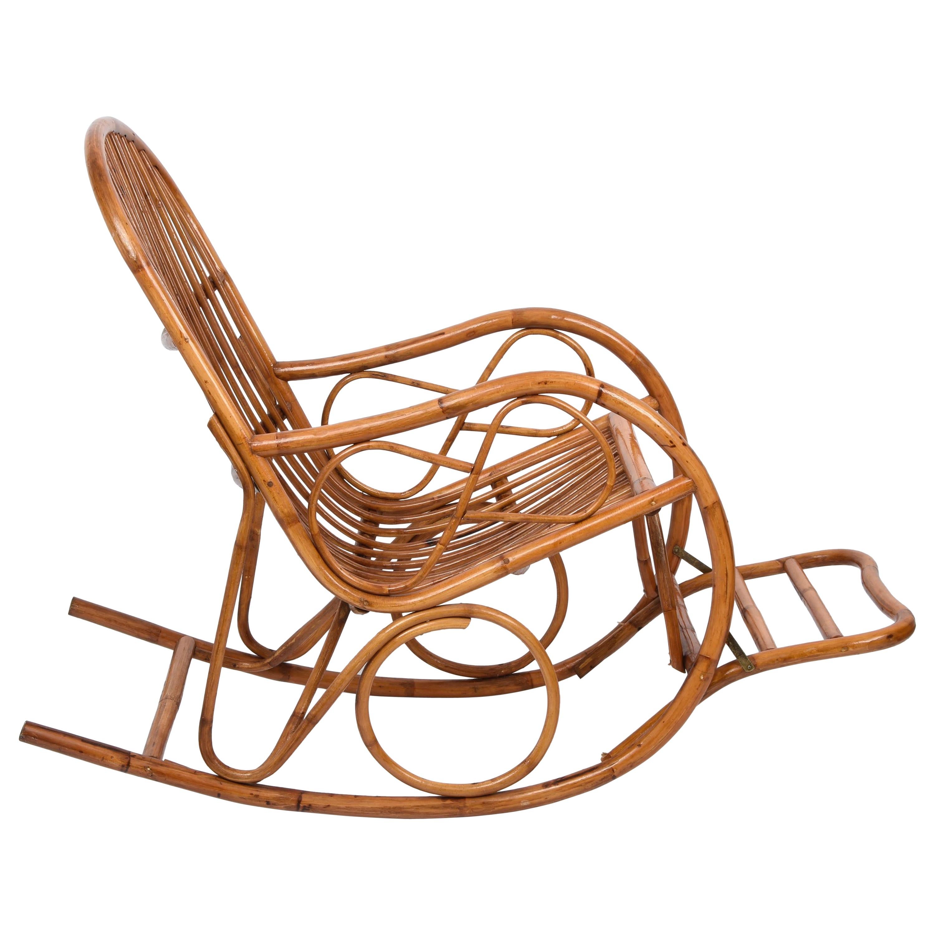Midcentury French Riviera Rattan and Bamboo Italian Rocking Chair, 1970s