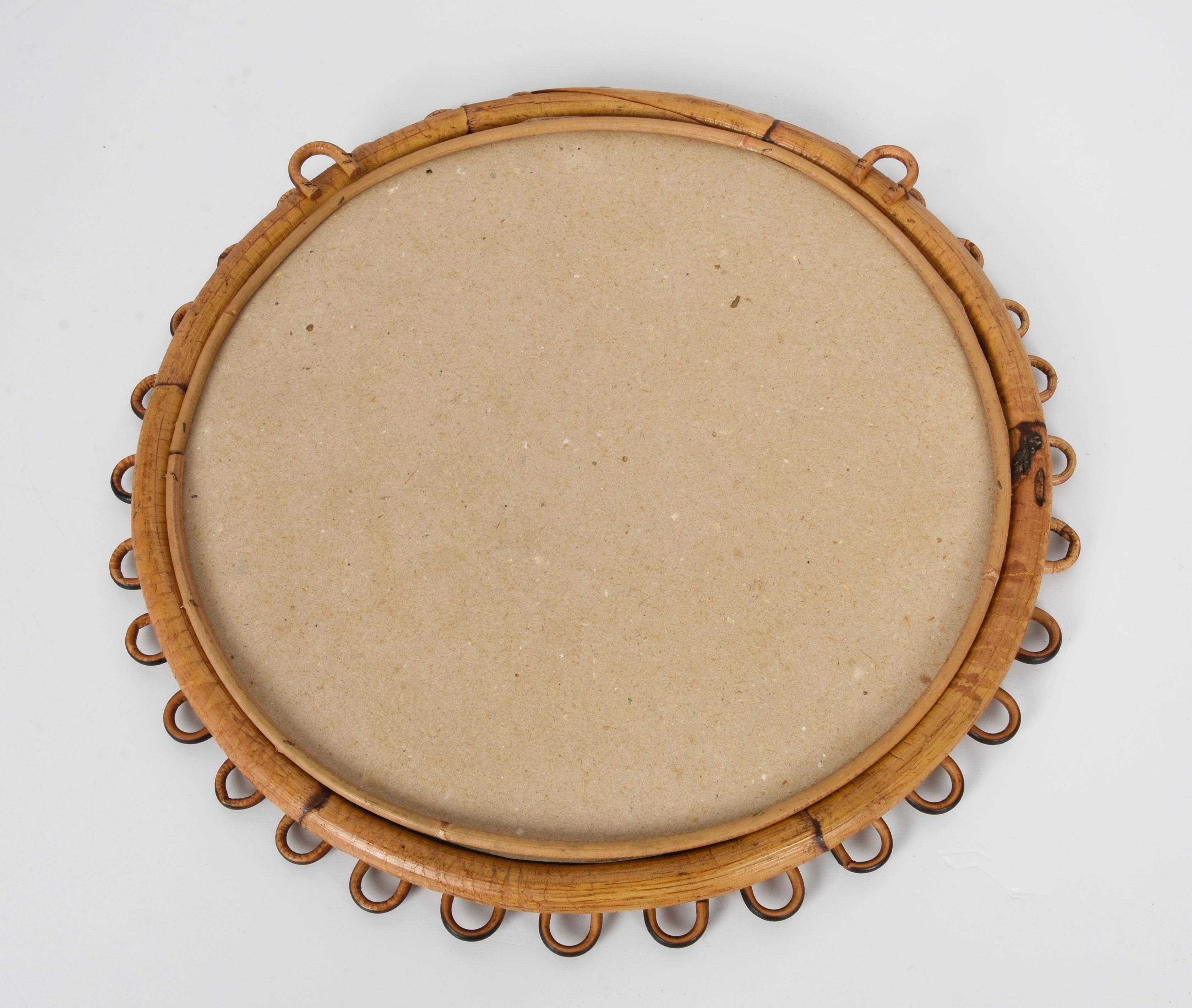 Mid-Century French Riviera Rattan and Bamboo Italian Round Mirror, 1950s In Good Condition In Roma, IT
