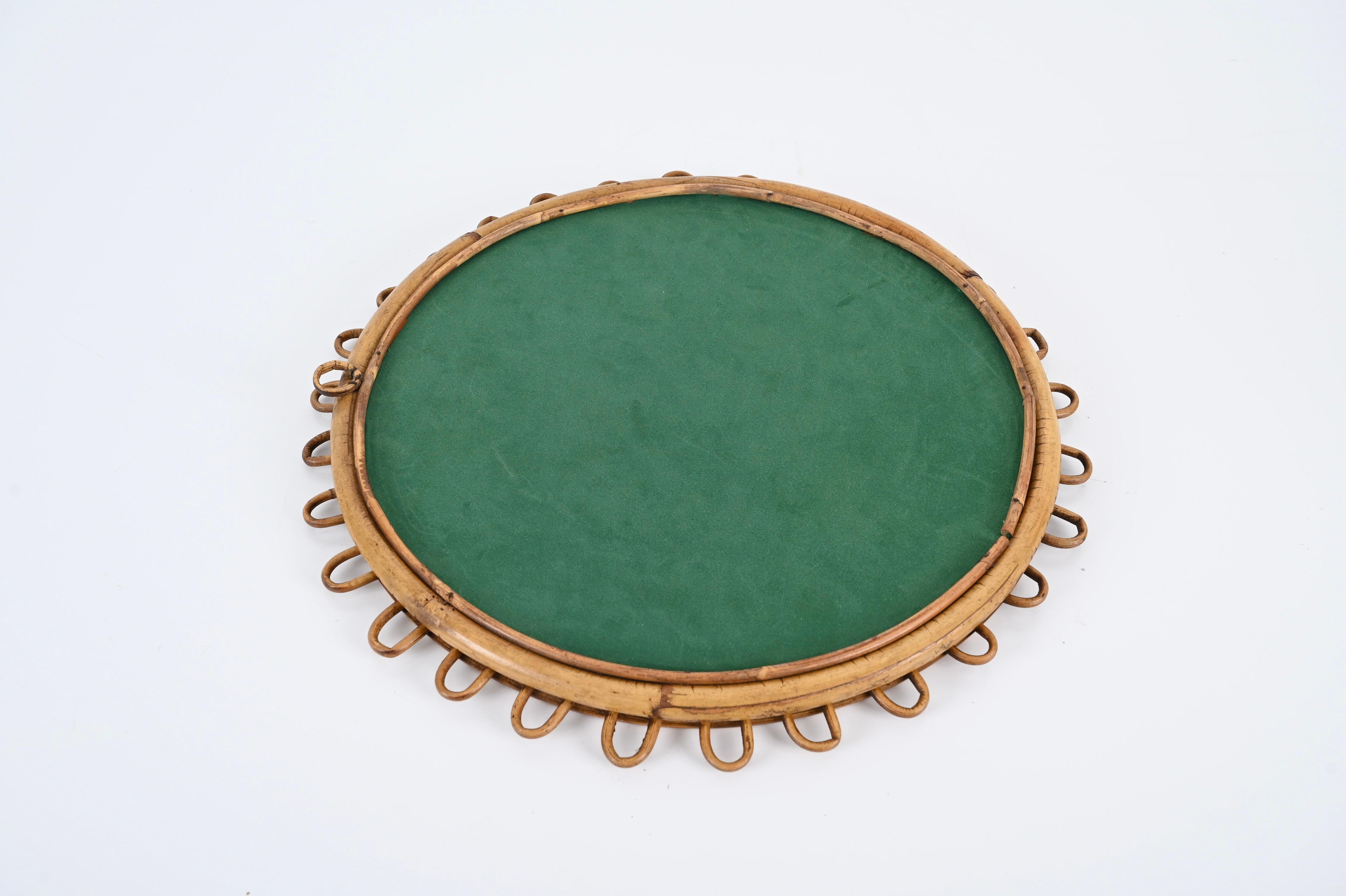 Midcentury French Riviera Rattan and Bamboo Italian Round Mirror, 1960s For Sale 4