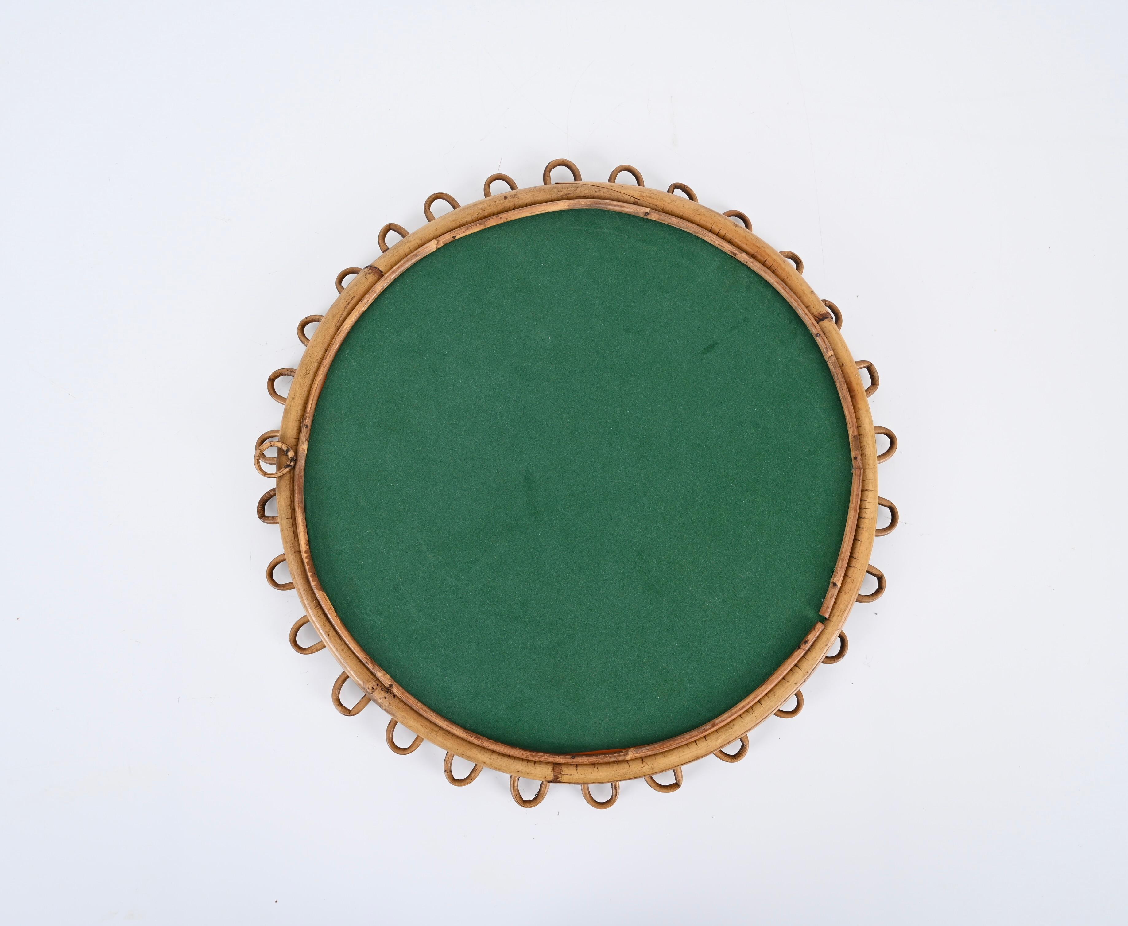 Midcentury French Riviera Rattan and Bamboo Italian Round Mirror, 1960s For Sale 5