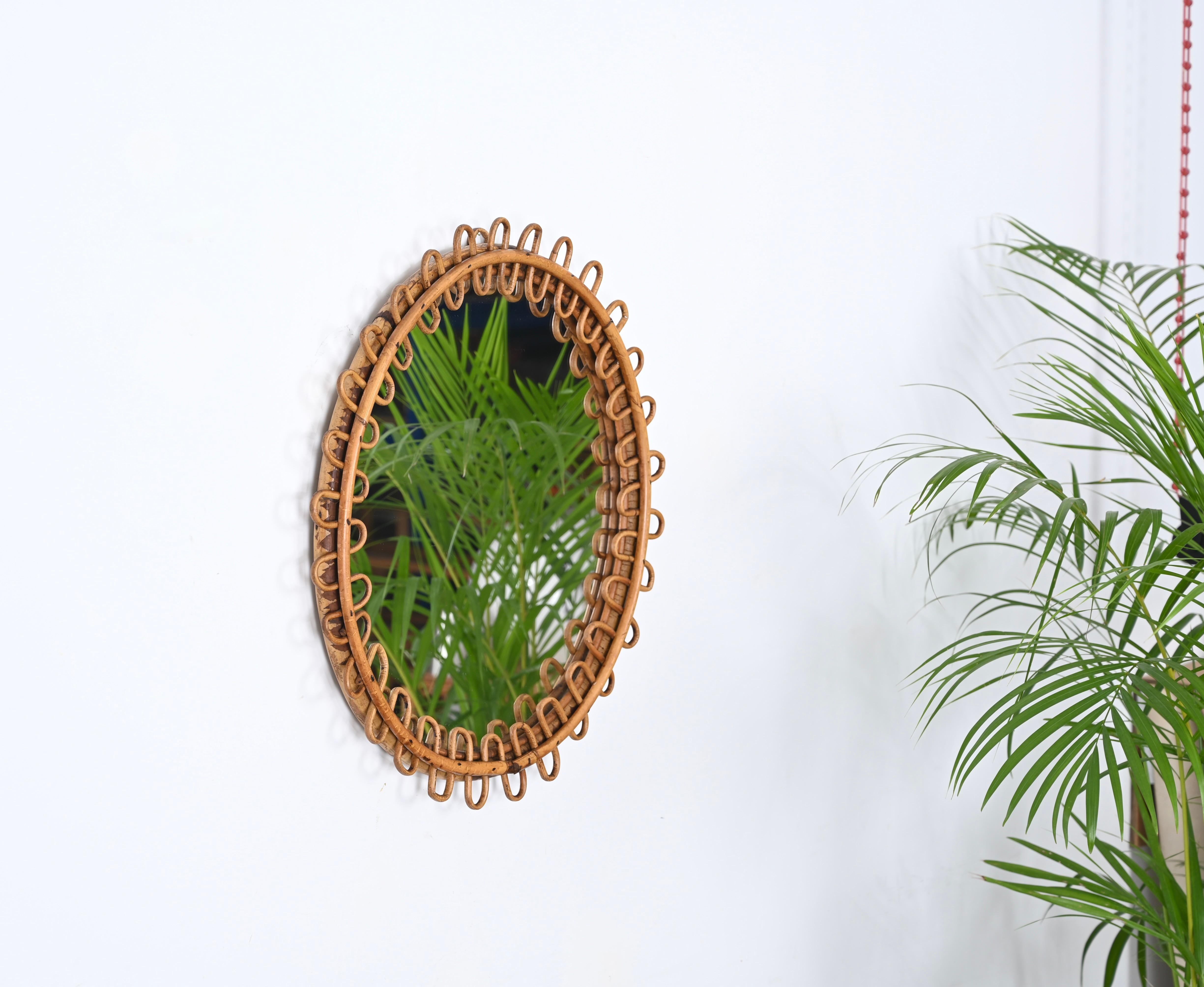 Mid-Century Modern Midcentury French Riviera Rattan and Bamboo Italian Round Mirror, 1960s For Sale