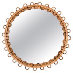 Vintage Midcentury French Riviera Rattan and Bamboo Italian Round Mirror, 1960s
