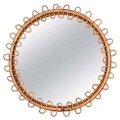 Vintage Midcentury French Riviera Rattan and Bamboo Italian Round Mirror, 1960s