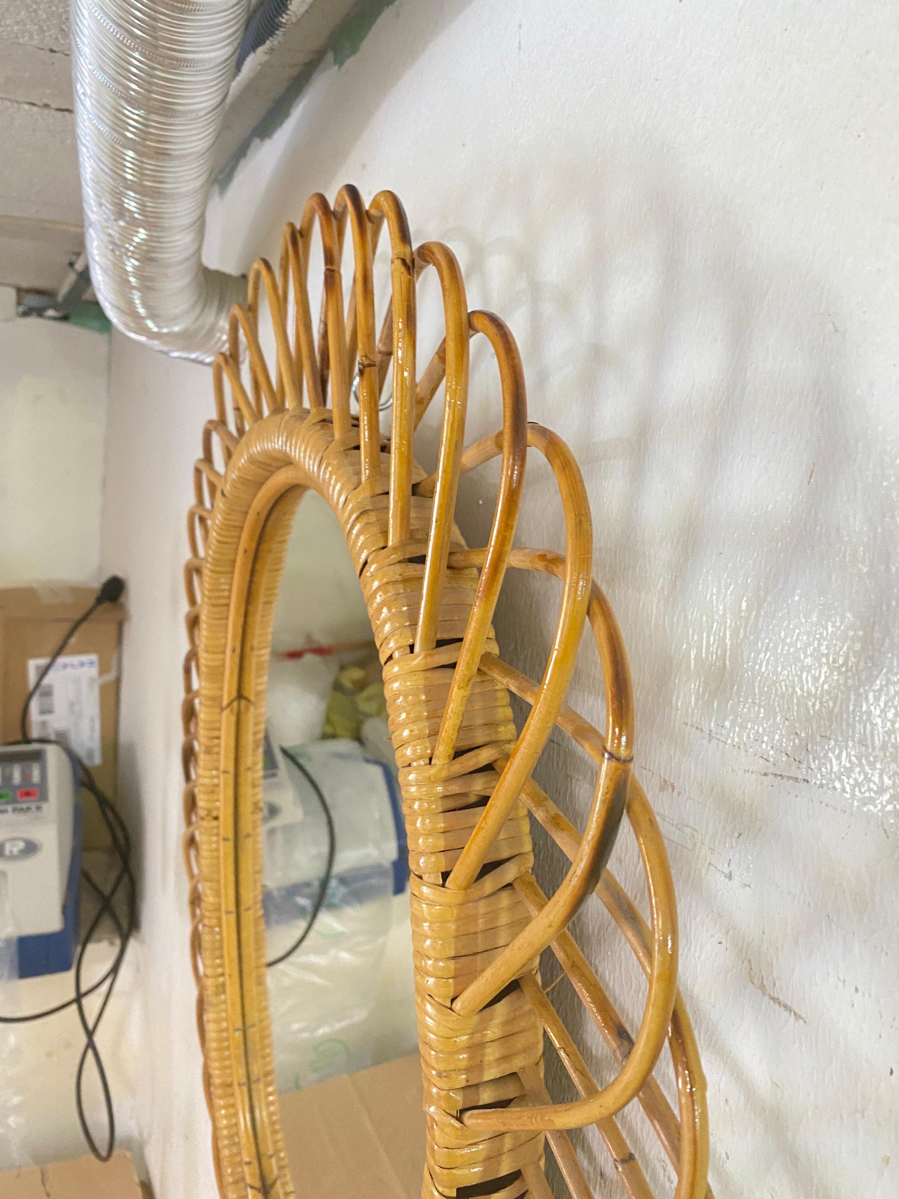 Midcentury French Riviera Rattan and Bamboo Oval Wall Mirror, Italy 1960s 6