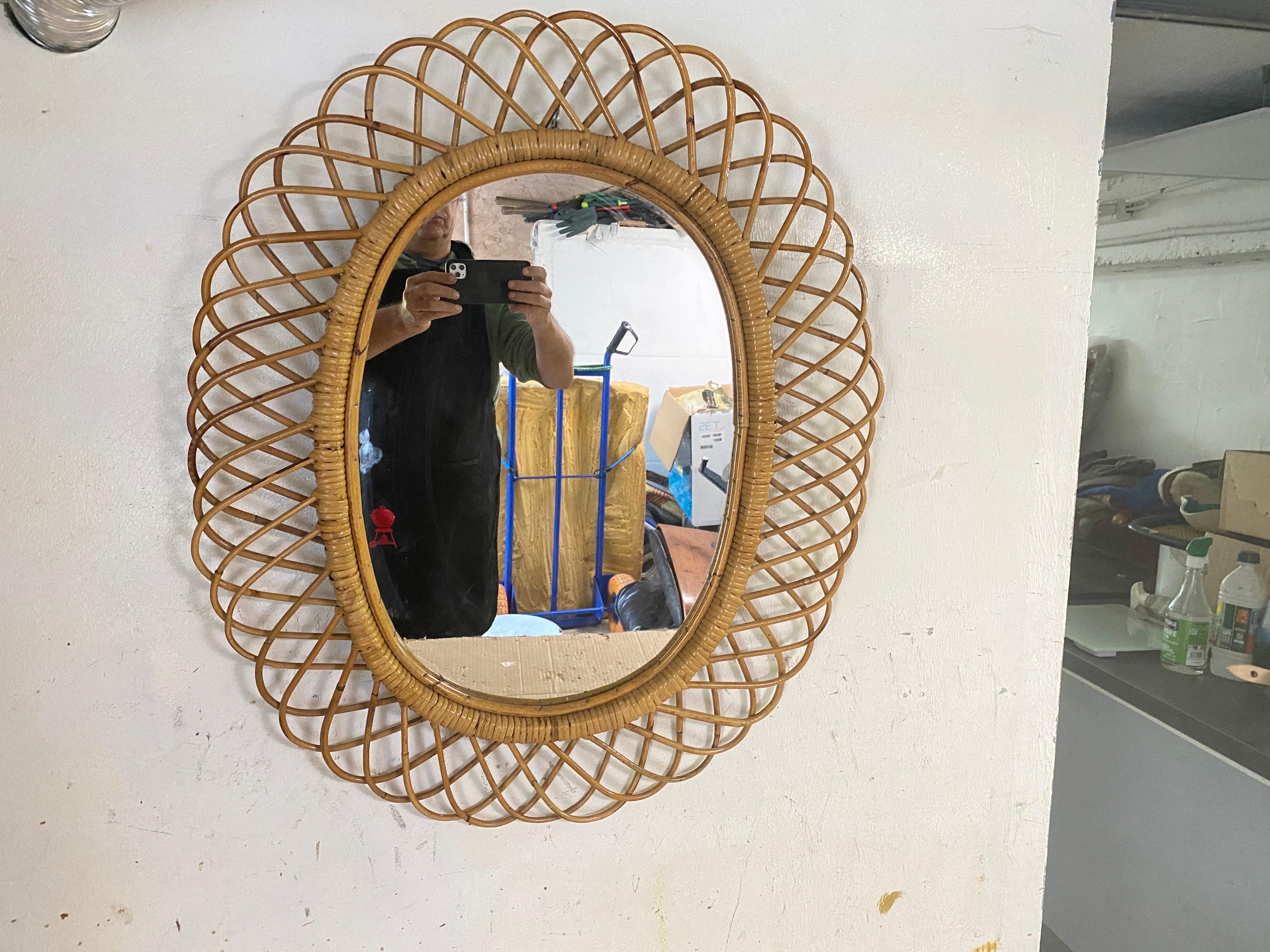 Midcentury French Riviera Rattan and Bamboo Oval Wall Mirror, Italy 1960s 7