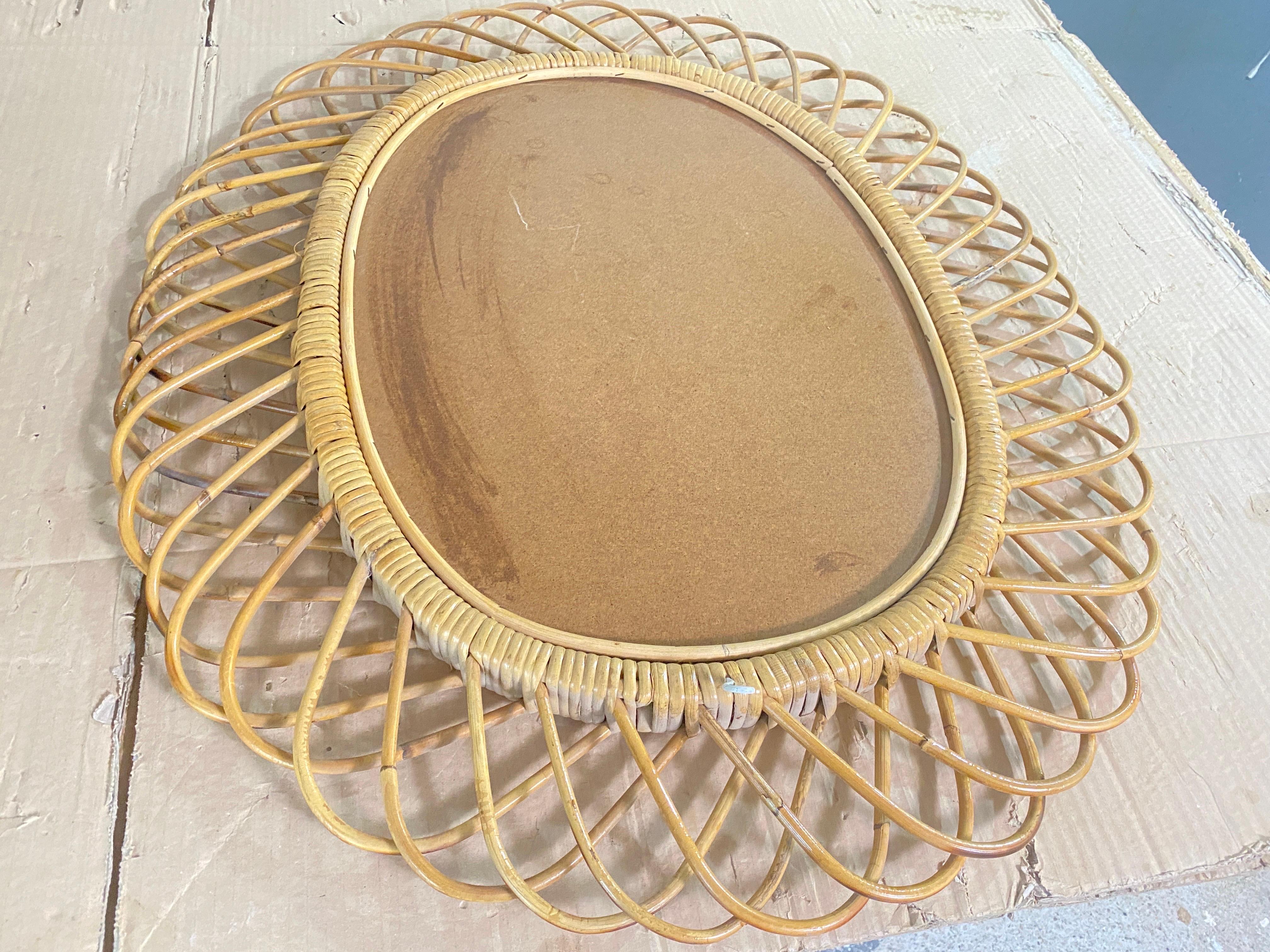 Midcentury French Riviera Rattan and Bamboo Oval Wall Mirror, Italy 1960s 10