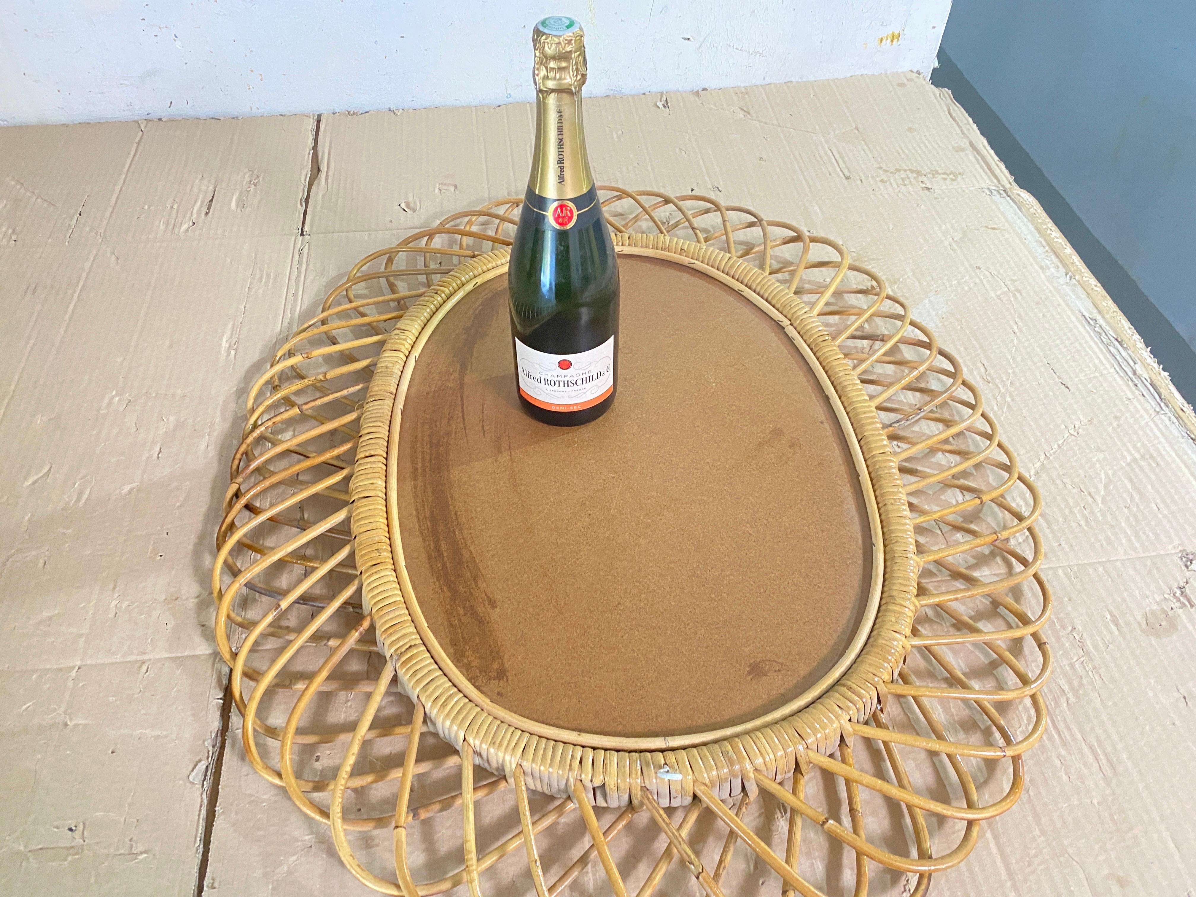 Midcentury French Riviera Rattan and Bamboo Oval Wall Mirror, Italy 1960s 11