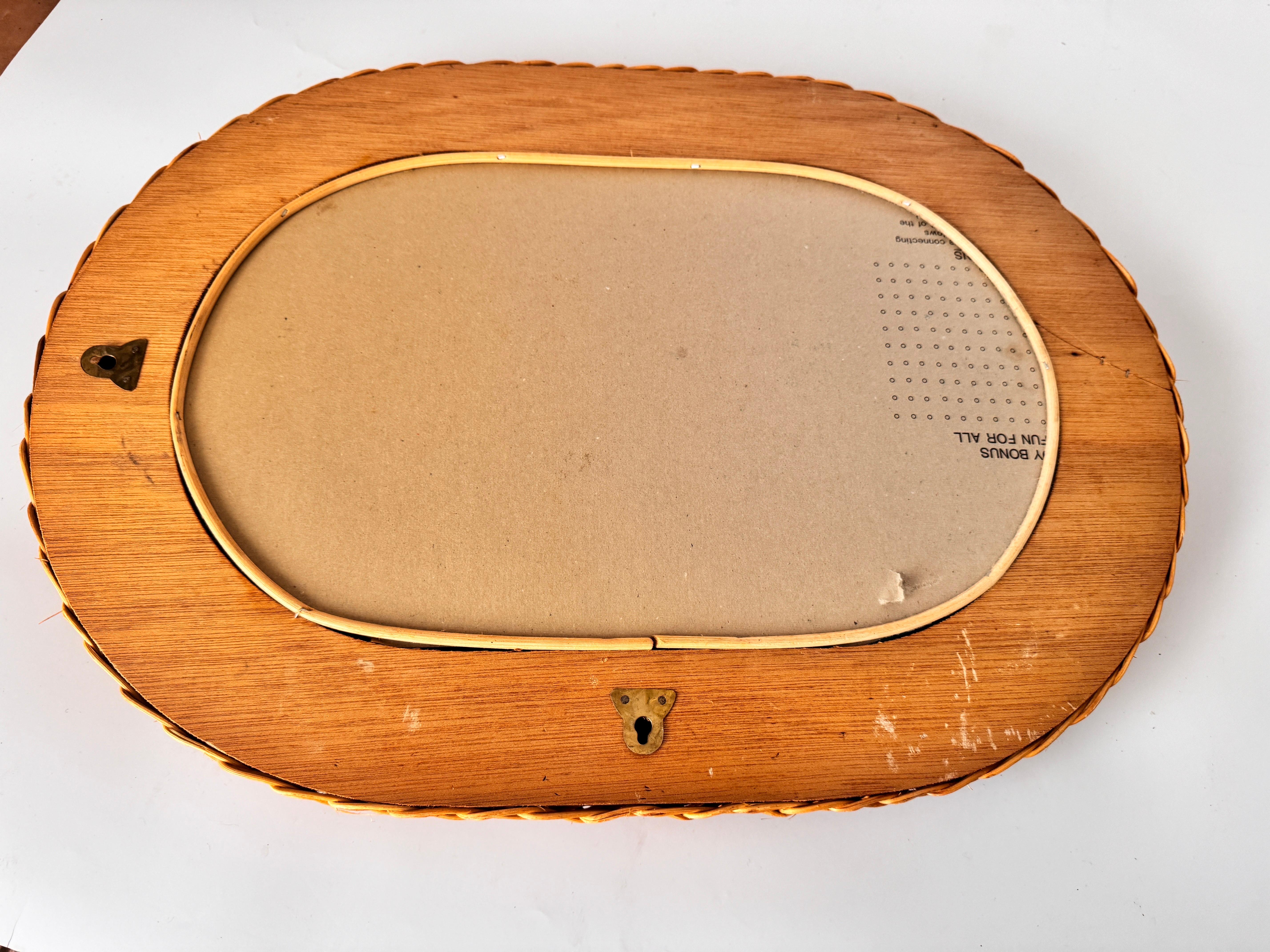 Mid-Century Modern Midcentury French Riviera Rattan and Bamboo Oval Wall Mirror, Italy 1960s For Sale