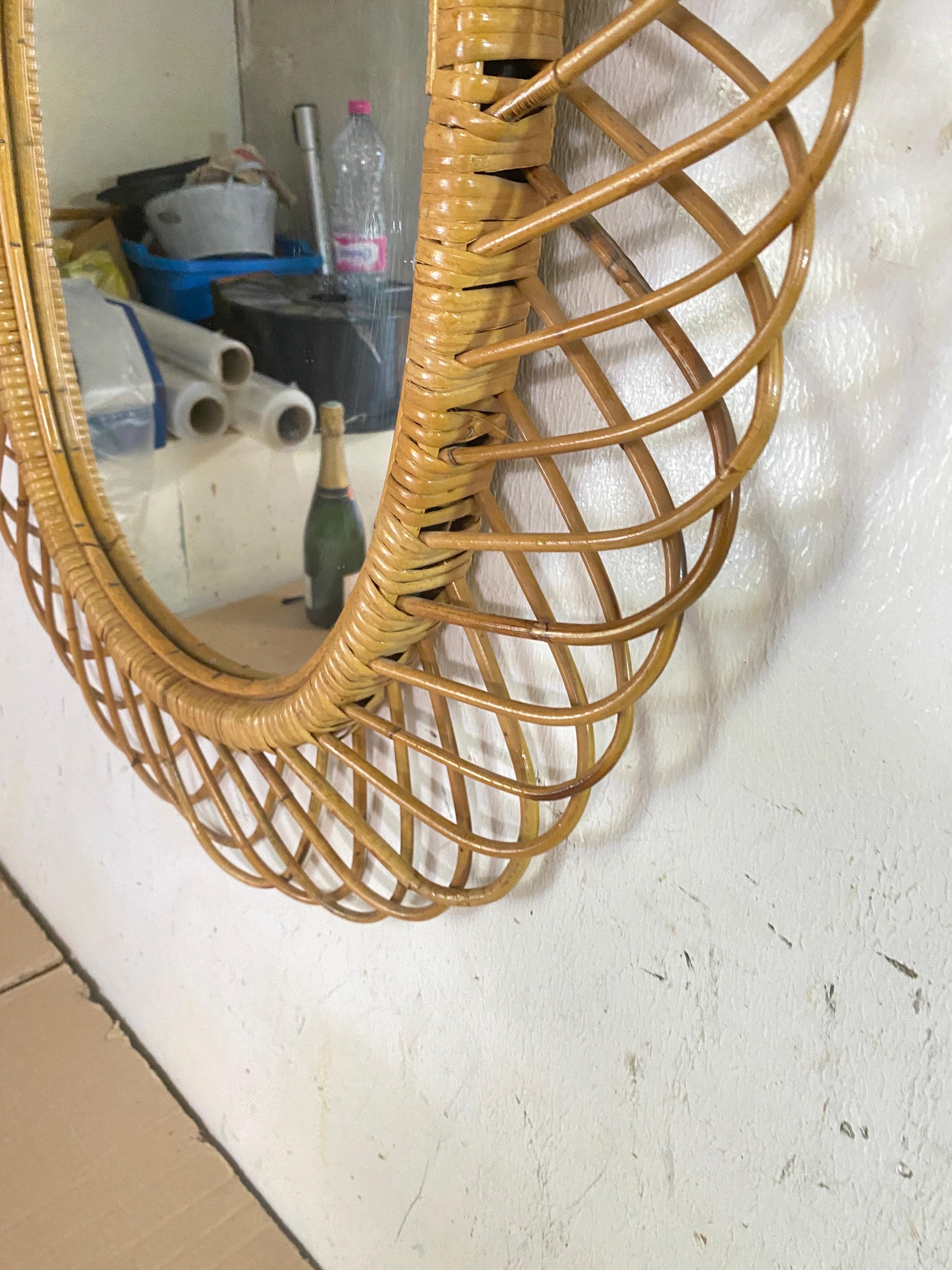 Italian Midcentury French Riviera Rattan and Bamboo Oval Wall Mirror, Italy 1960s