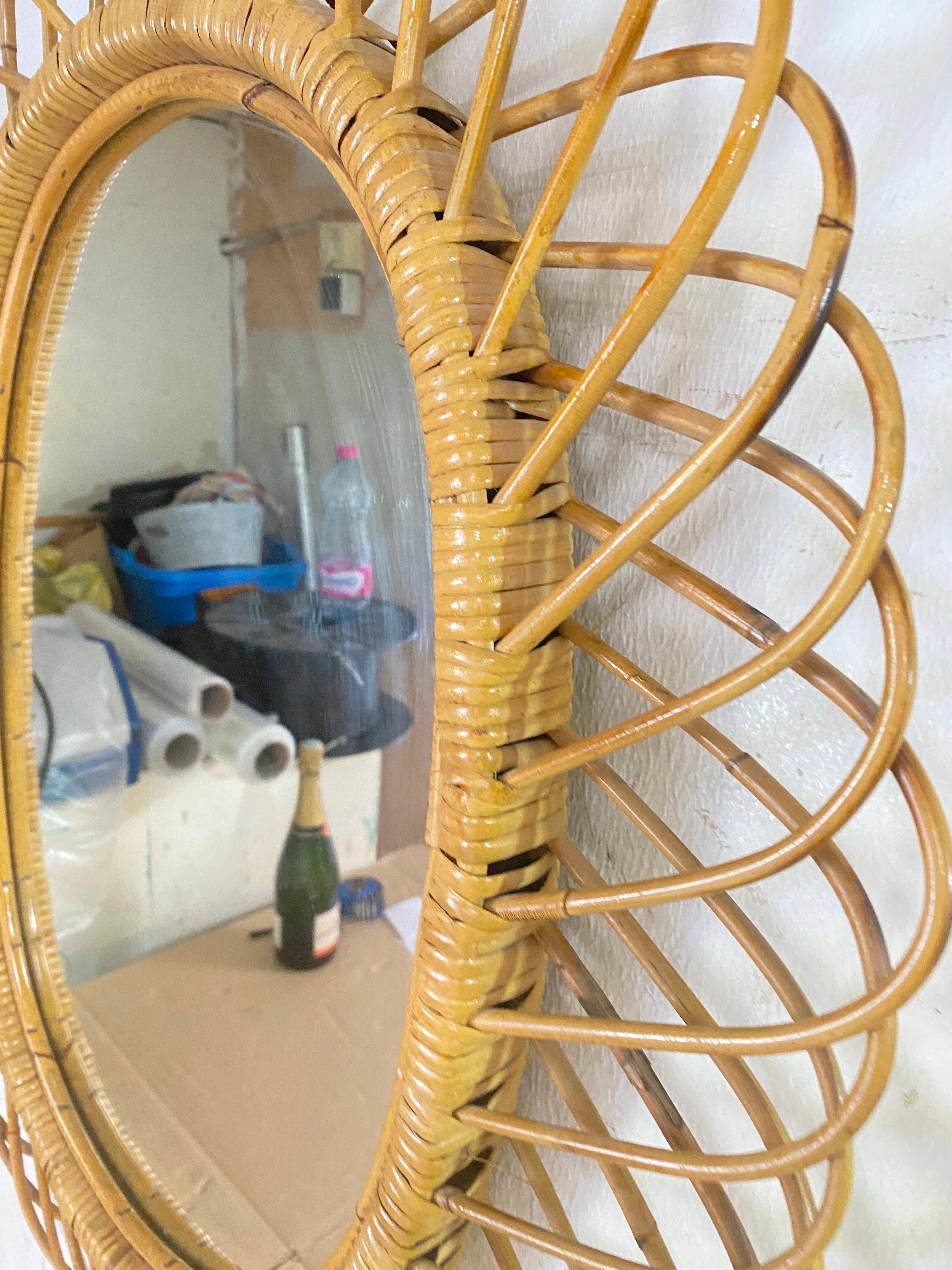 Mid-20th Century Midcentury French Riviera Rattan and Bamboo Oval Wall Mirror, Italy 1960s