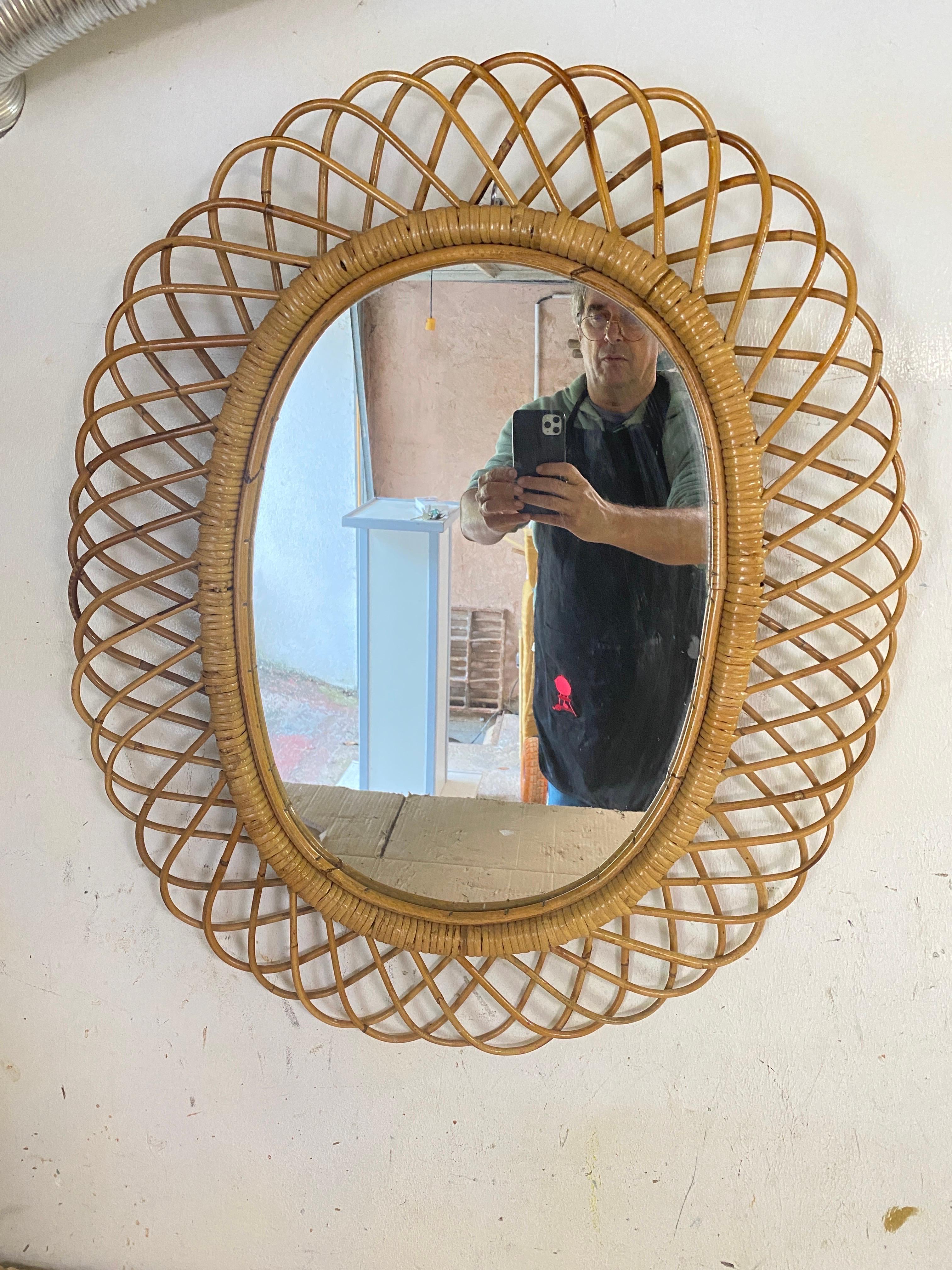Midcentury French Riviera Rattan and Bamboo Oval Wall Mirror, Italy 1960s 1