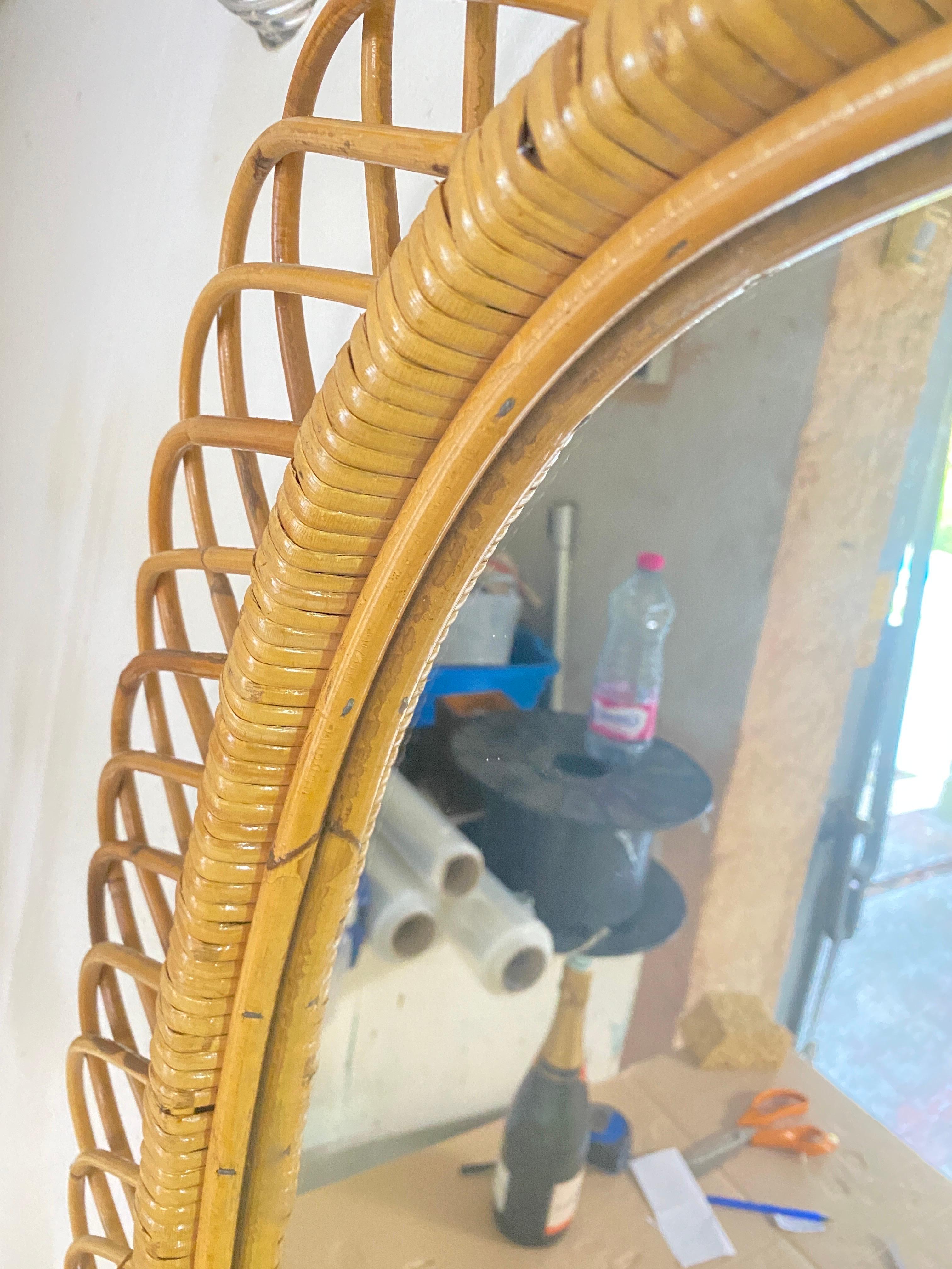 Midcentury French Riviera Rattan and Bamboo Oval Wall Mirror, Italy 1960s 3