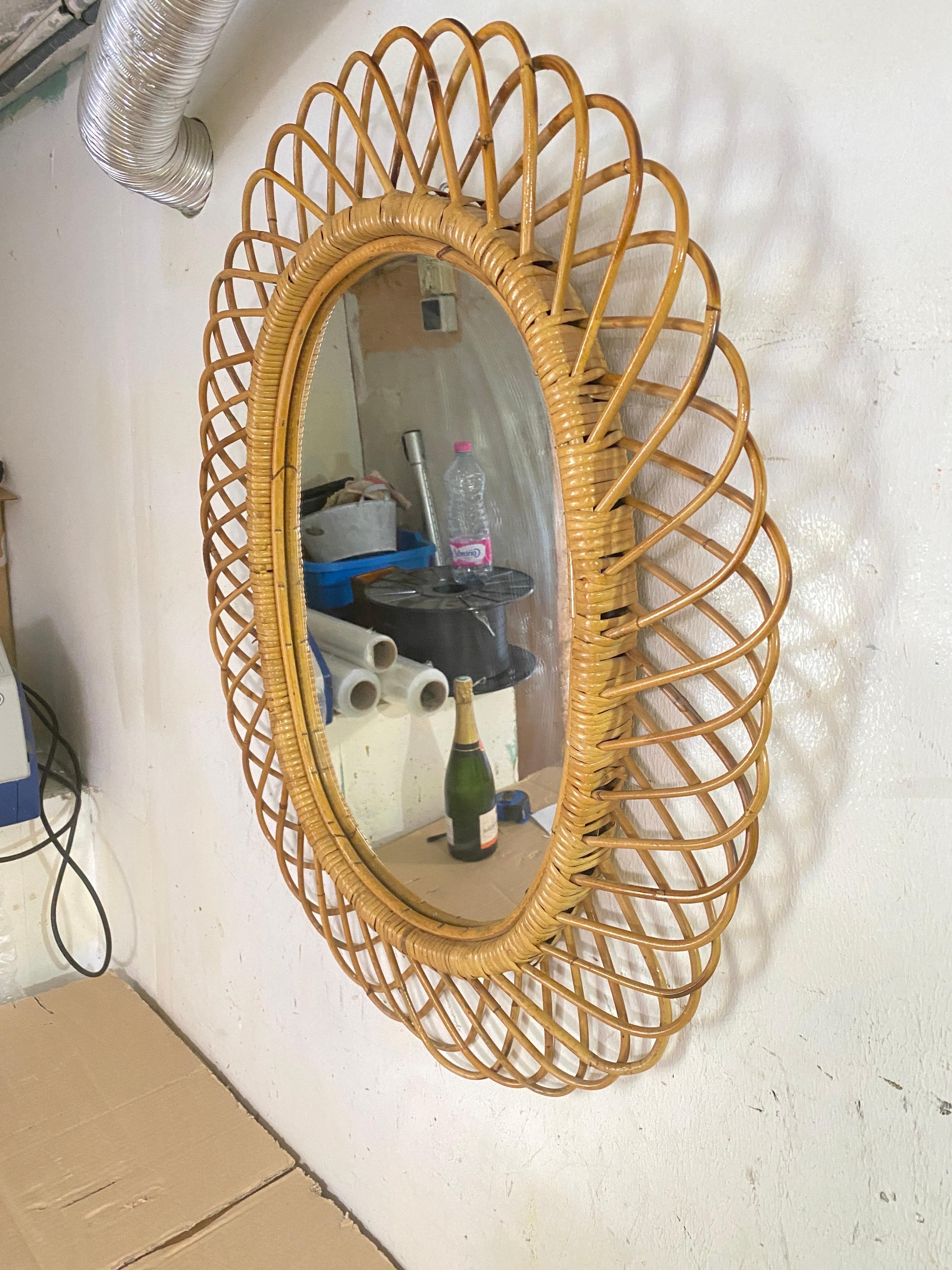 Midcentury French Riviera Rattan and Bamboo Oval Wall Mirror, Italy 1960s 5