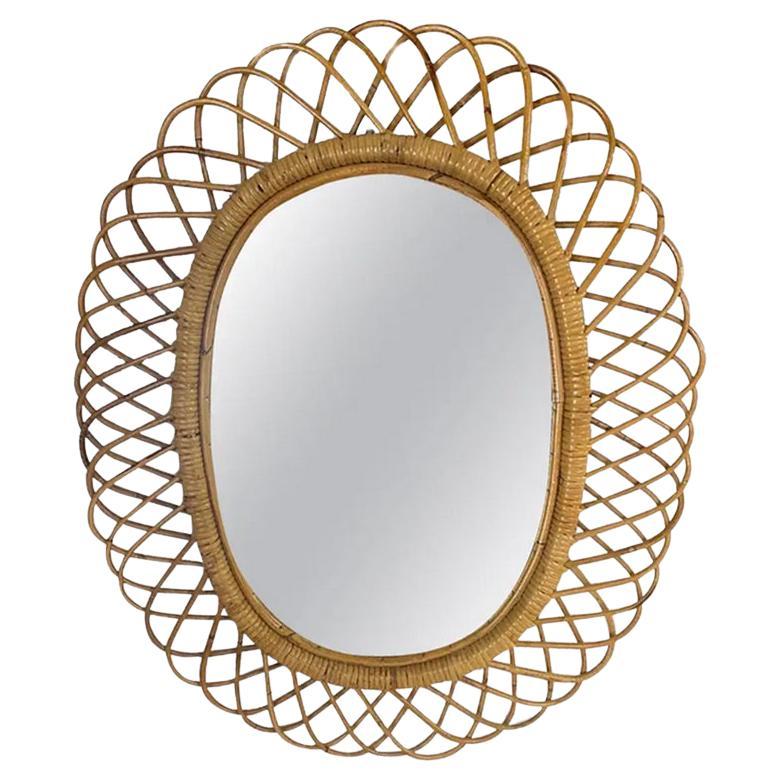 Midcentury French Riviera Rattan and Bamboo Oval Wall Mirror, Italy 1960s