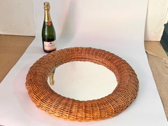 Midcentury French Riviera Rattan and Bamboo Rond Wall Mirror, Italy 1960s