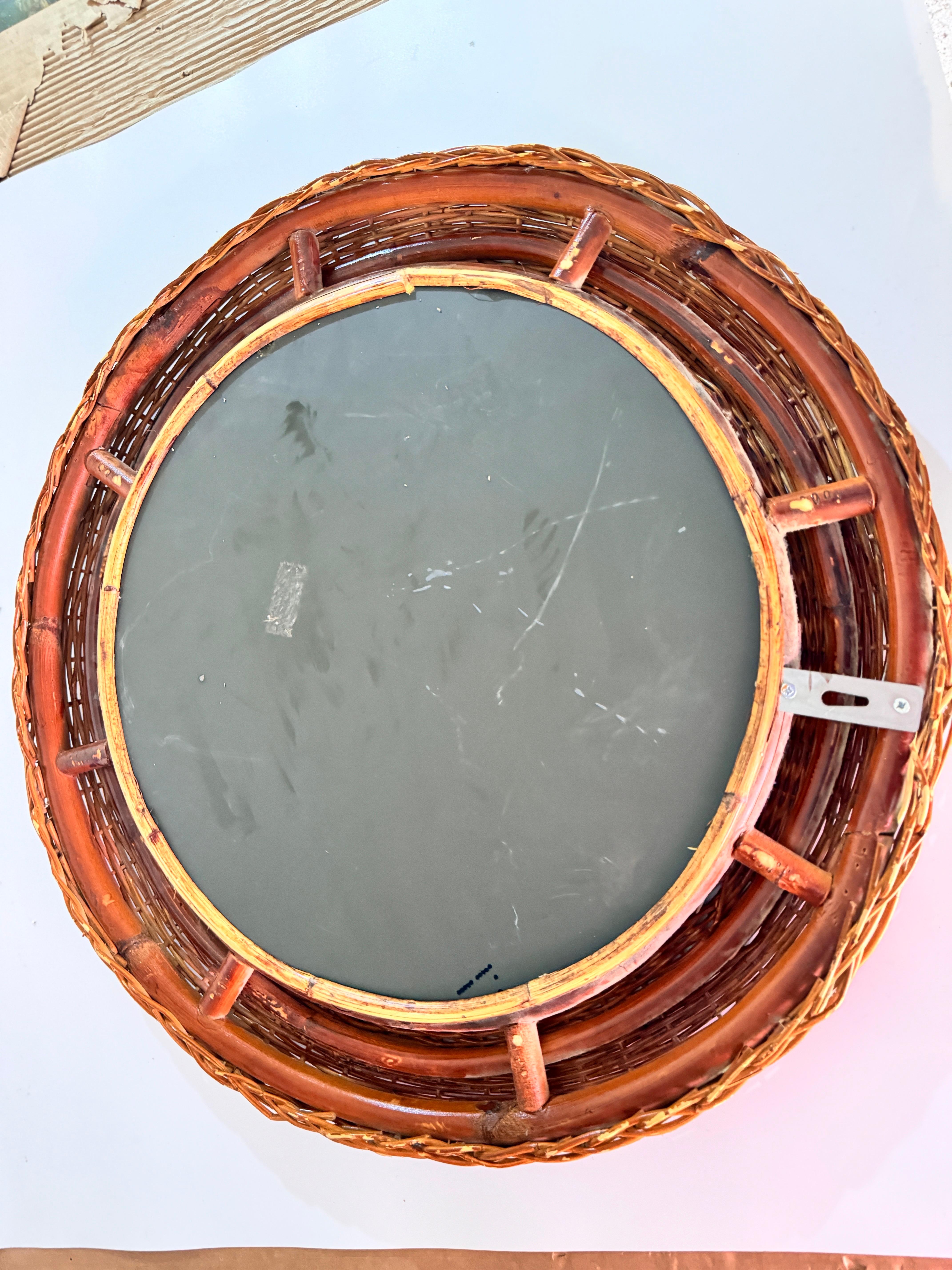 Italian Midcentury French Riviera Rattan and Bamboo Rond Wall Mirror, Italy 1960s For Sale