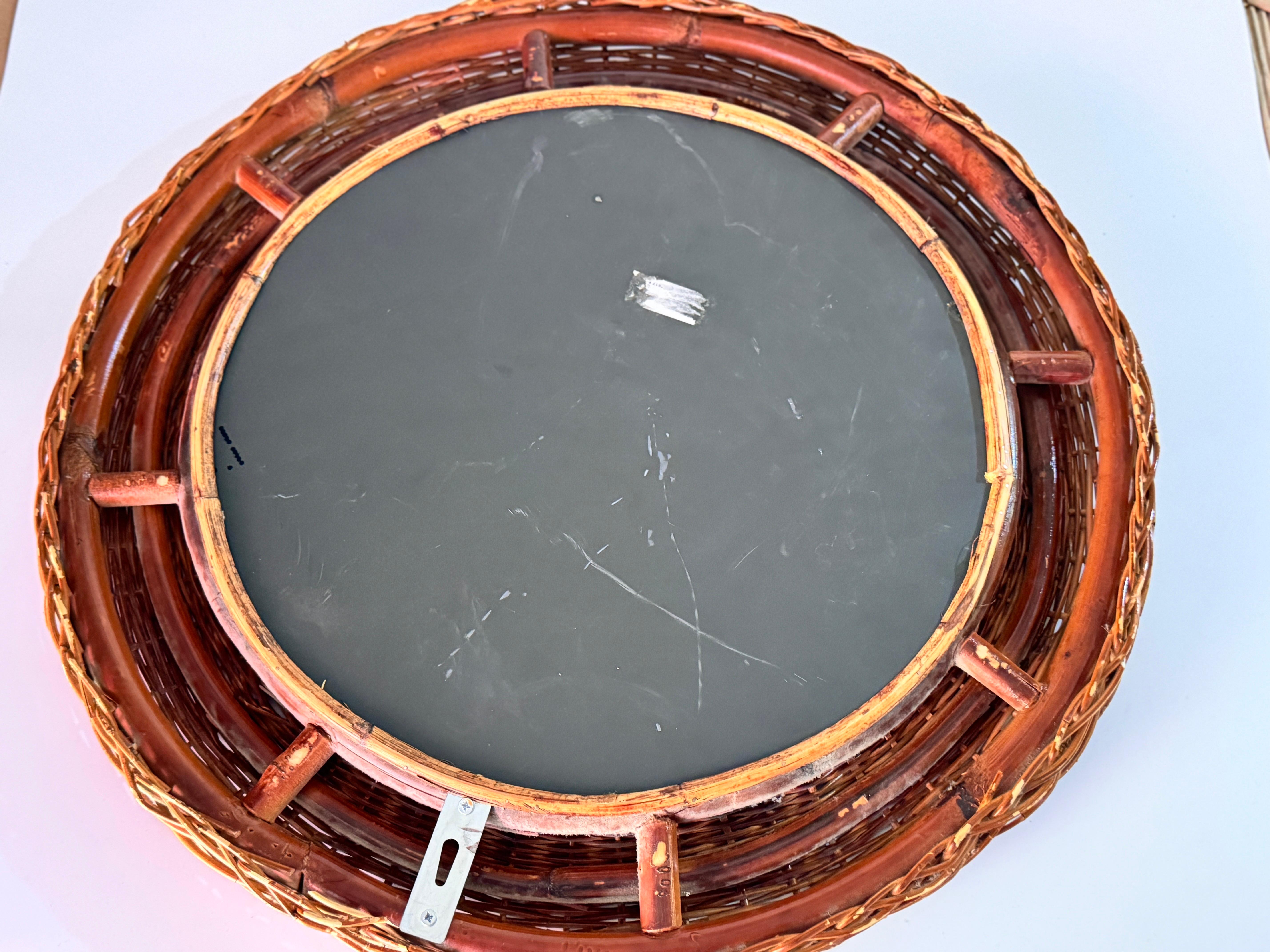 Midcentury French Riviera Rattan and Bamboo Rond Wall Mirror, Italy 1960s In Good Condition For Sale In Auribeau sur Siagne, FR