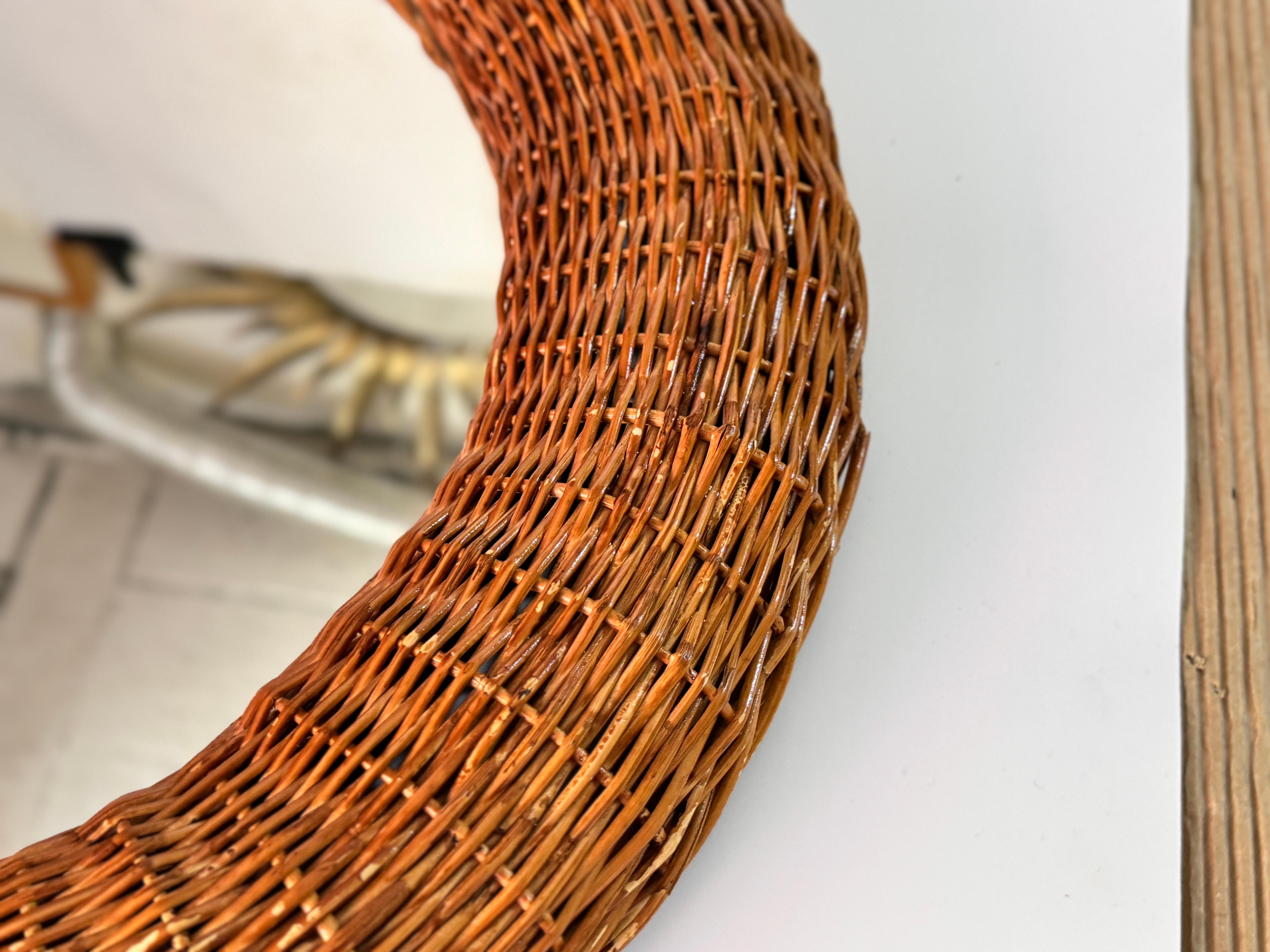 Mid-20th Century Midcentury French Riviera Rattan and Bamboo Rond Wall Mirror, Italy 1960s For Sale