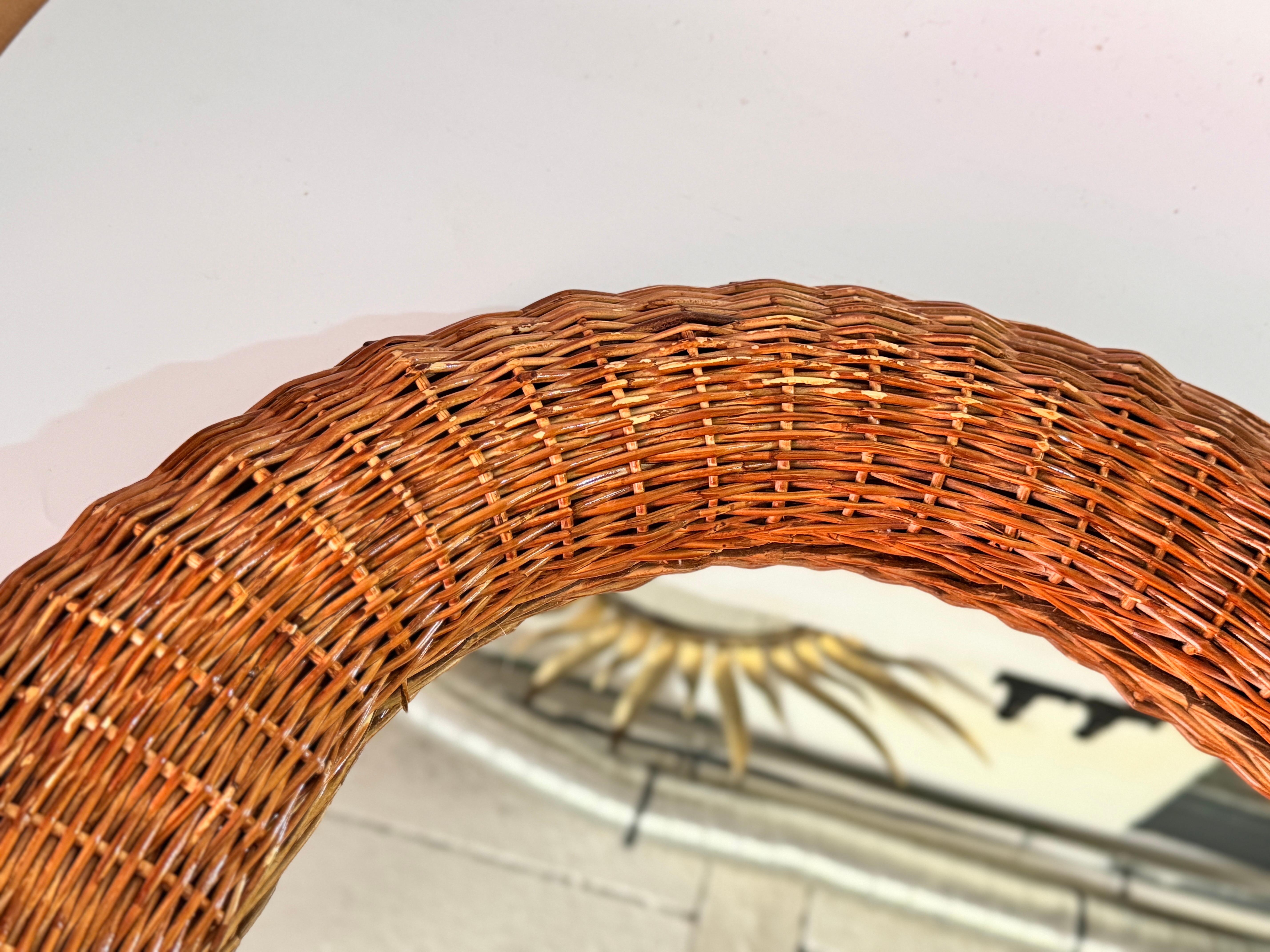 Midcentury French Riviera Rattan and Bamboo Rond Wall Mirror, Italy 1960s For Sale 1